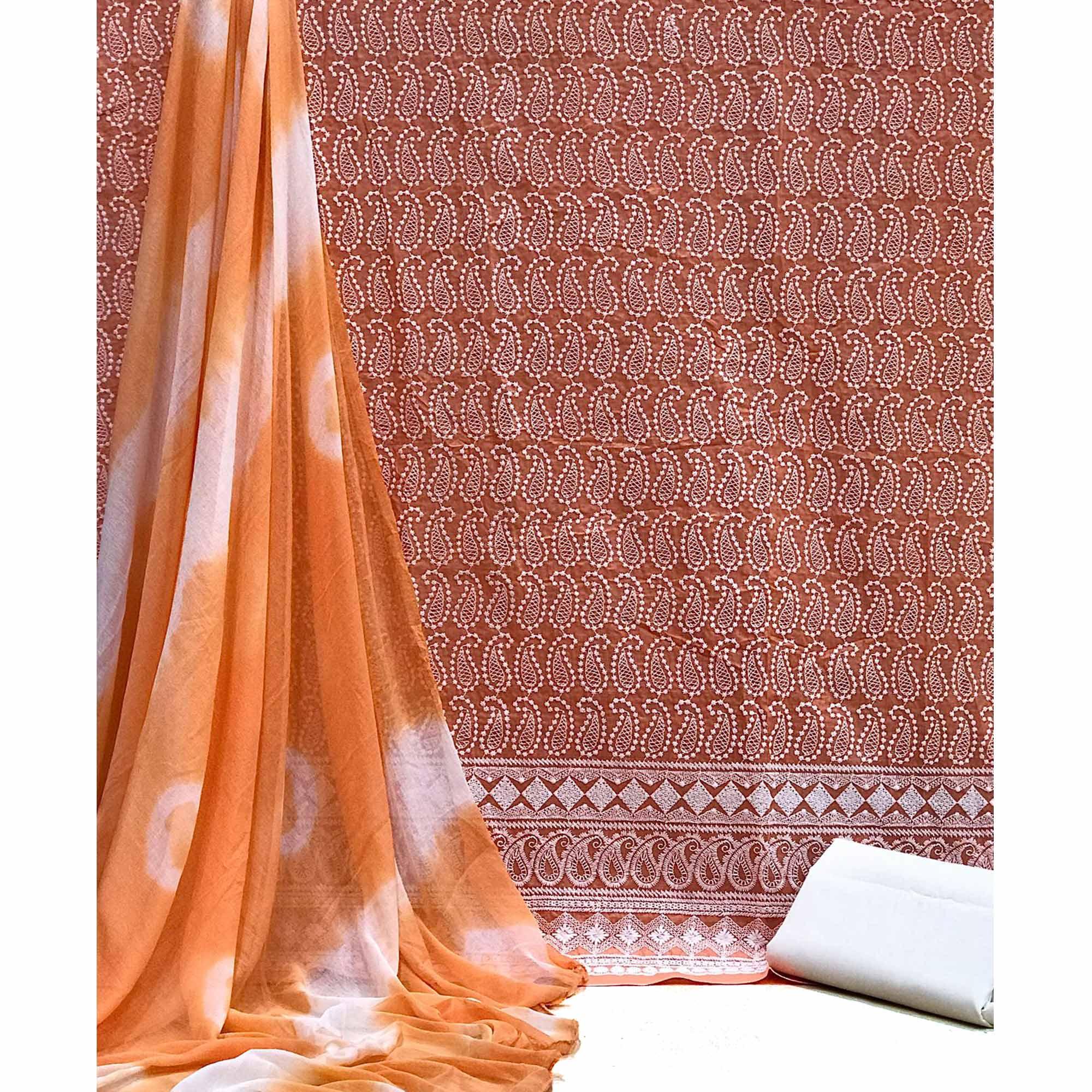 Orange Chikankari Work Poly Cotton Dress Material - Peachmode