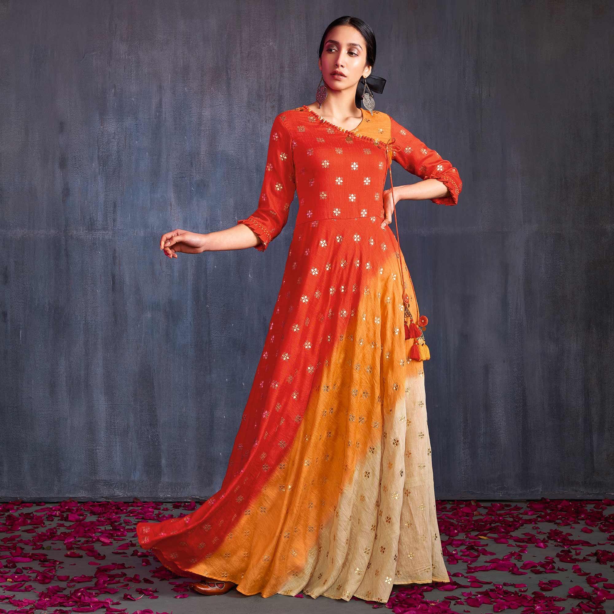 Orange-Cream Foil Printed Viscose Gown - Peachmode
