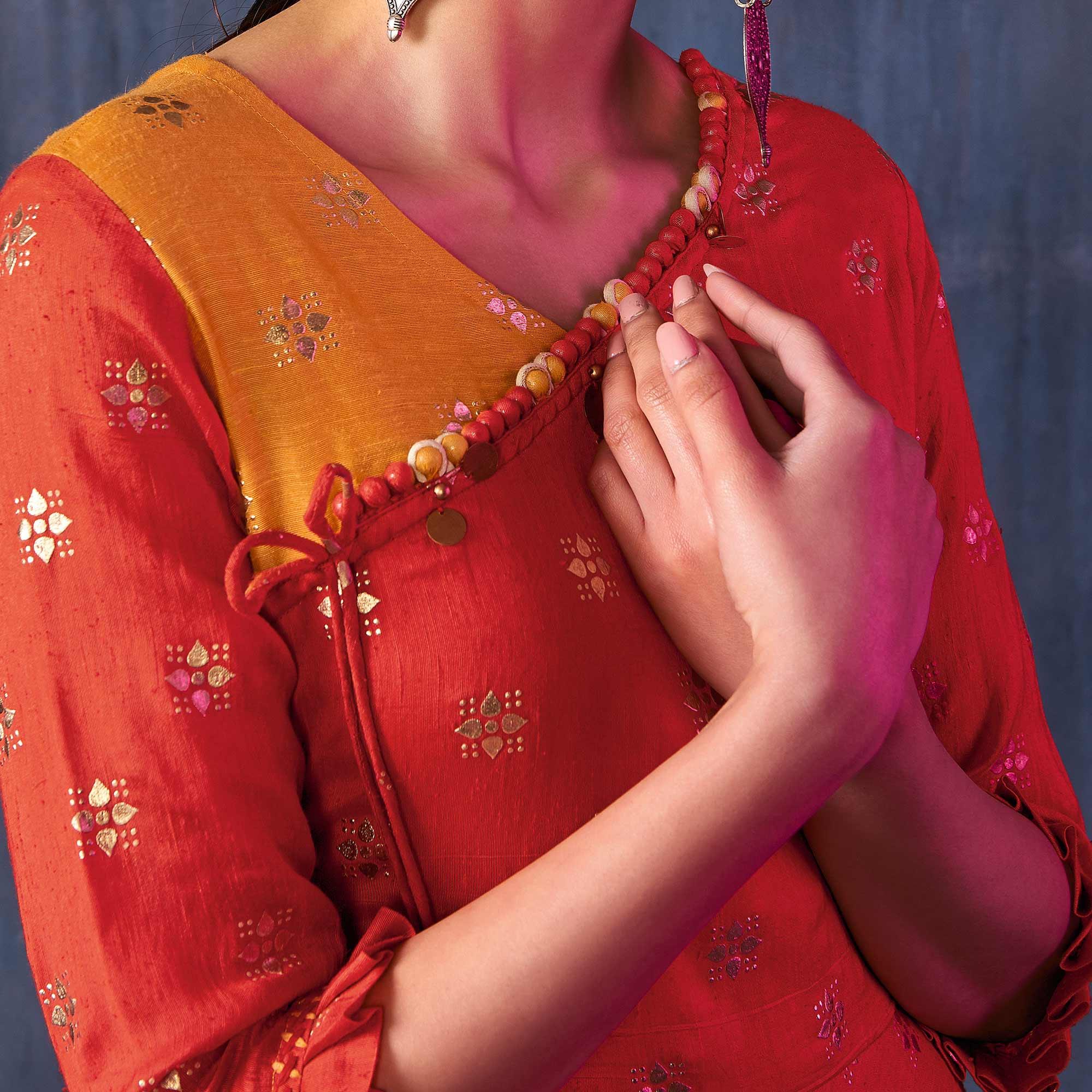 Orange-Cream Foil Printed Viscose Gown - Peachmode