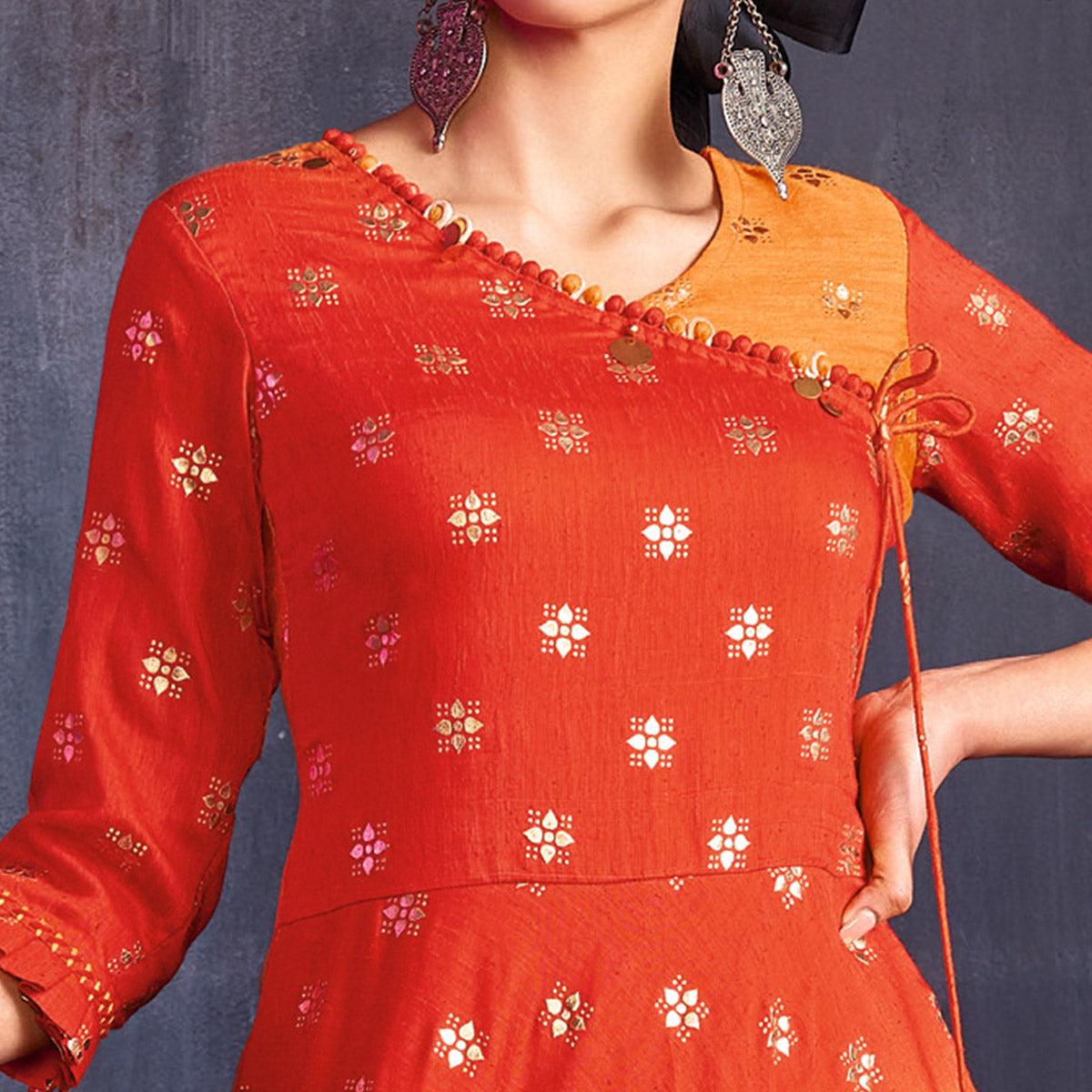 Orange-Cream Foil Printed Viscose Gown - Peachmode