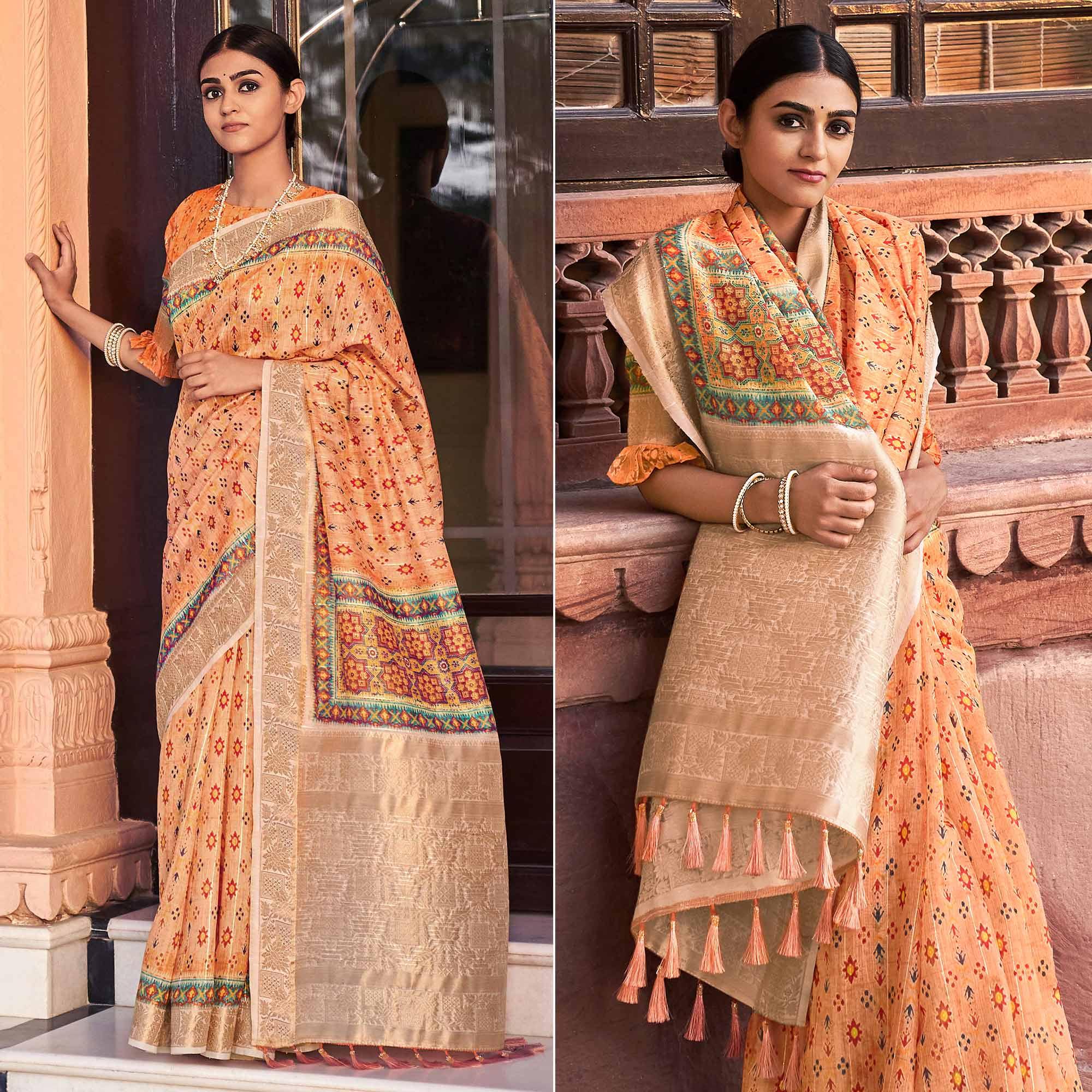 Orange Digital Printed Linen Saree - Peachmode