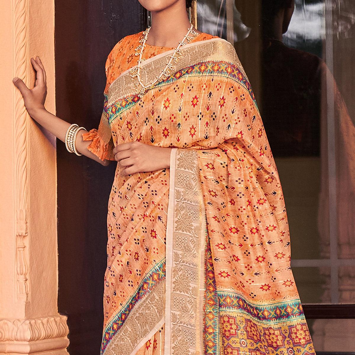 Orange Digital Printed Linen Saree - Peachmode