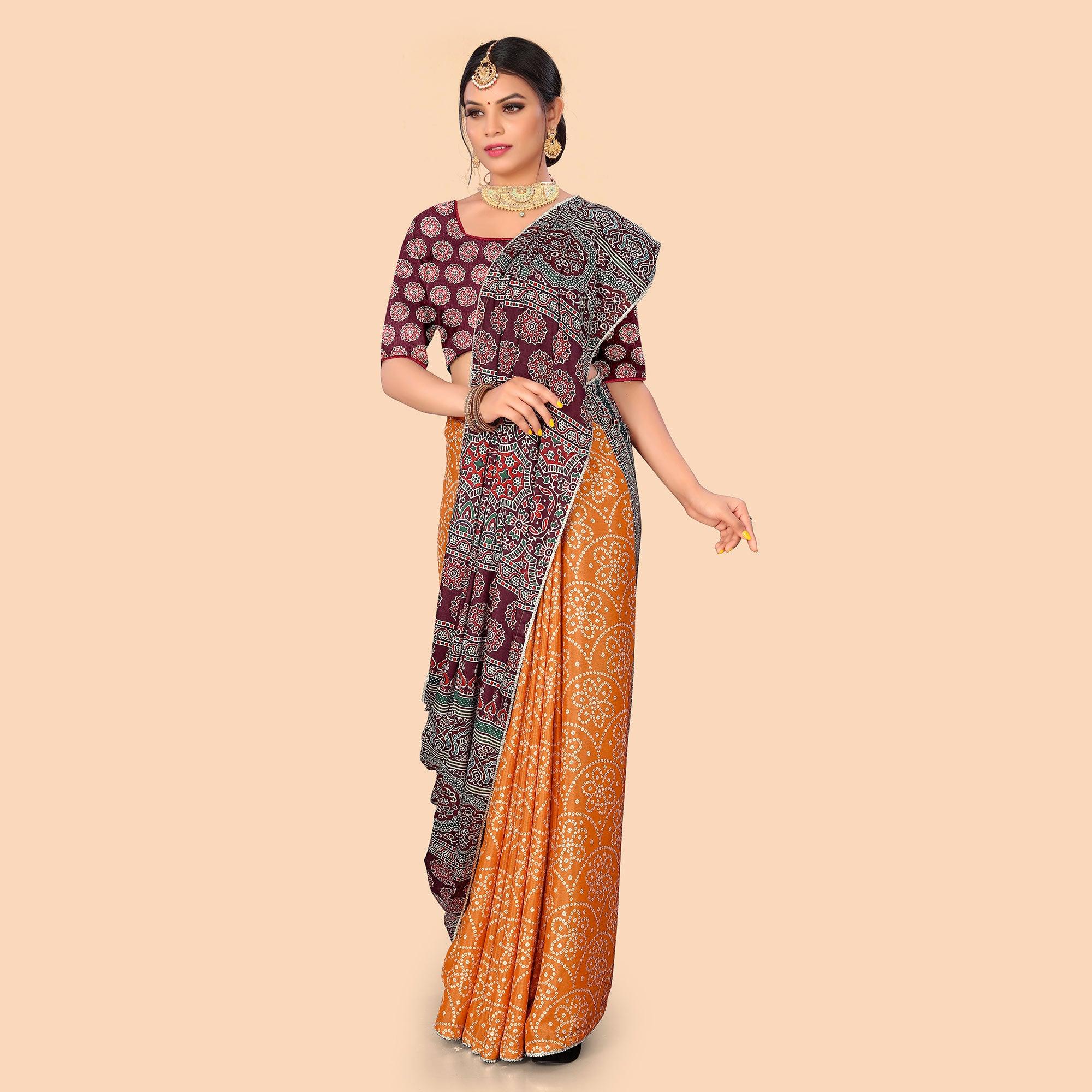 Orange Digital Printed With Fancy Border Chiffon Saree - Peachmode
