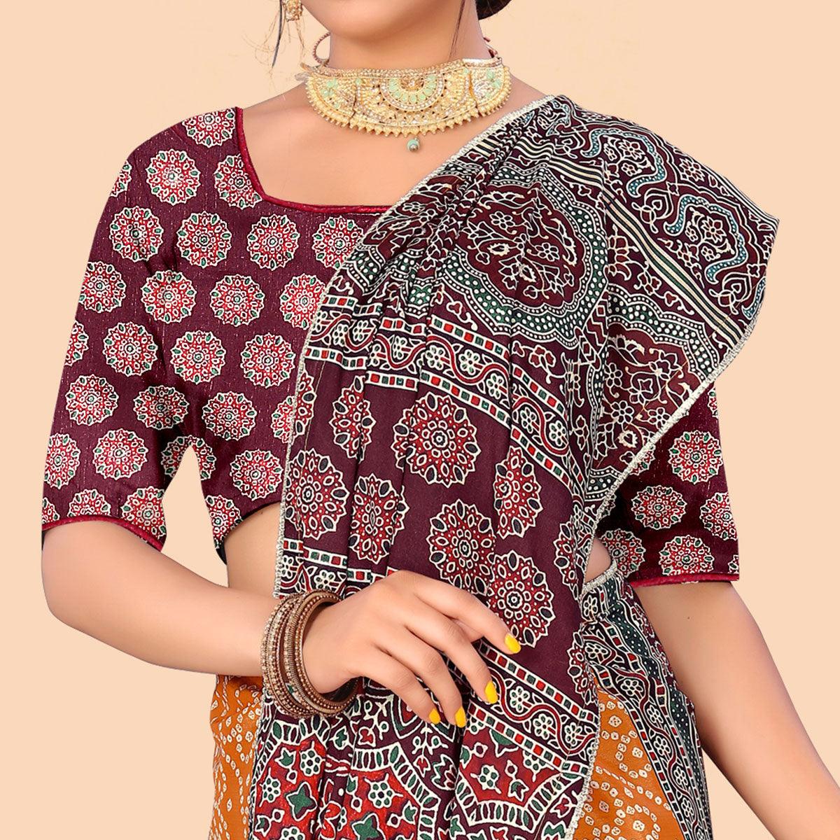 Orange Digital Printed With Fancy Border Chiffon Saree - Peachmode