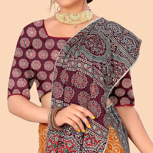 Orange Digital Printed With Fancy Border Chiffon Saree - Peachmode