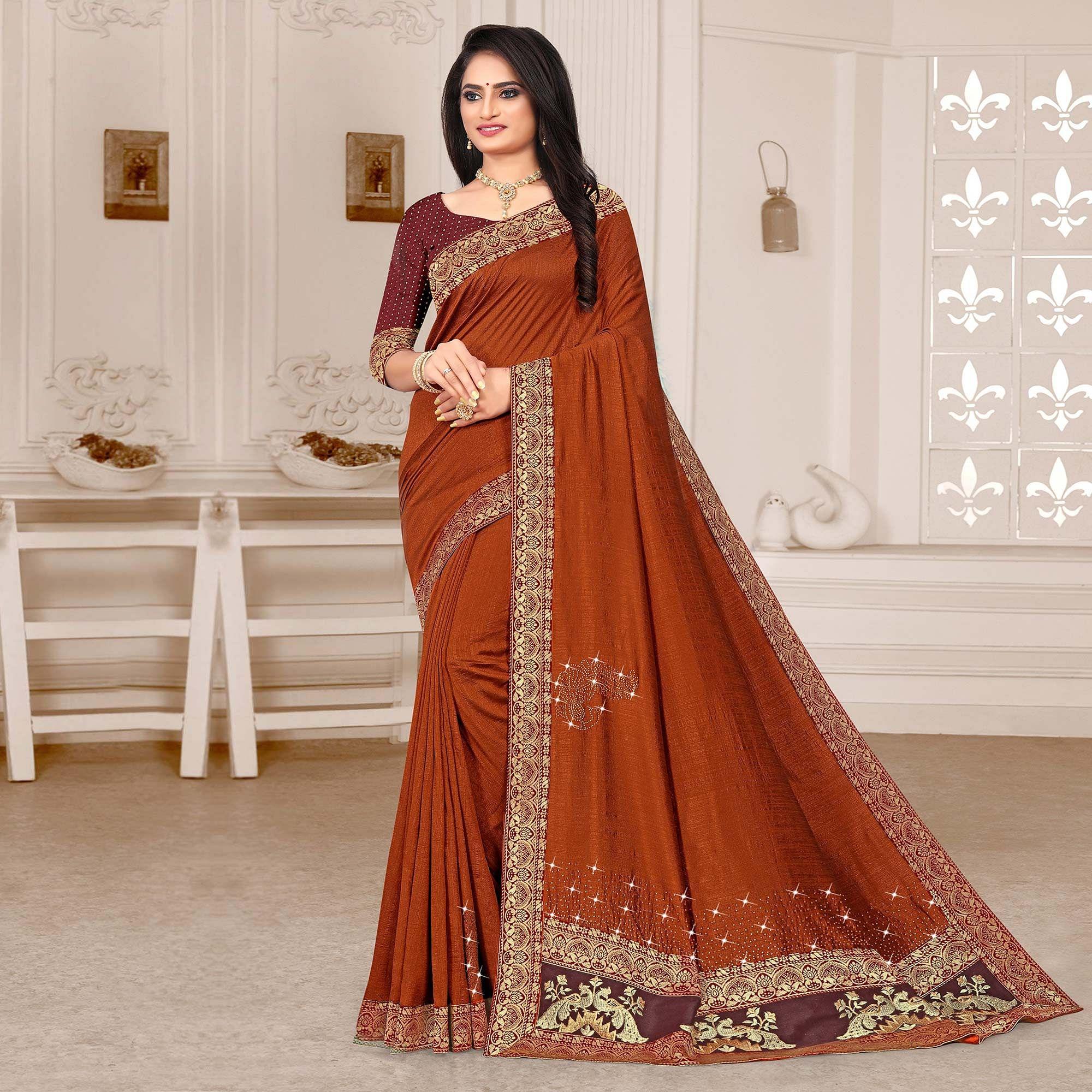 Orange Embellished Vichitra Silk Saree - Peachmode
