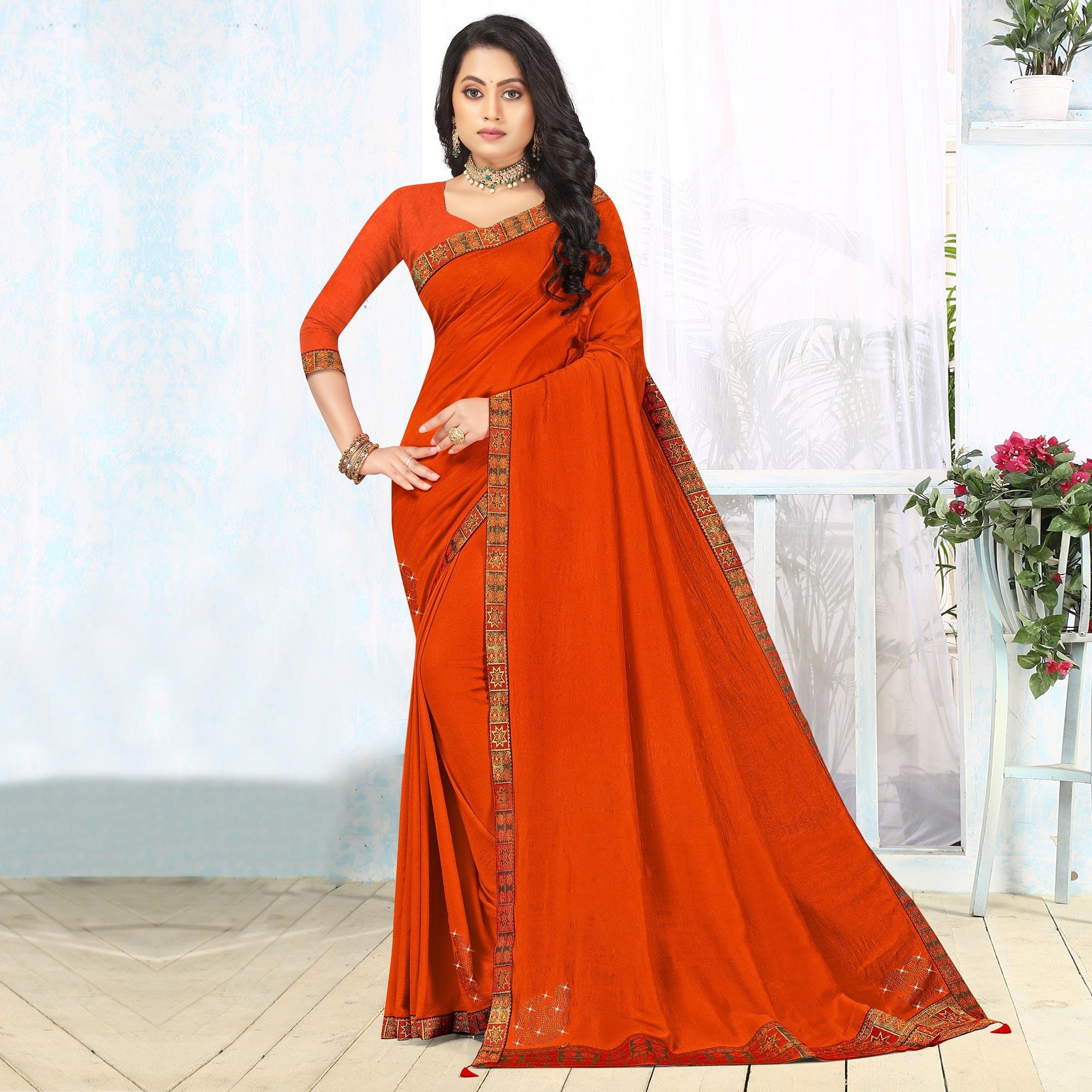 Orange Embellished Vichitra Silk Saree - Peachmode