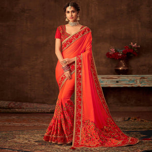Orange Embellished With Embroidered Art Silk Saree - Peachmode