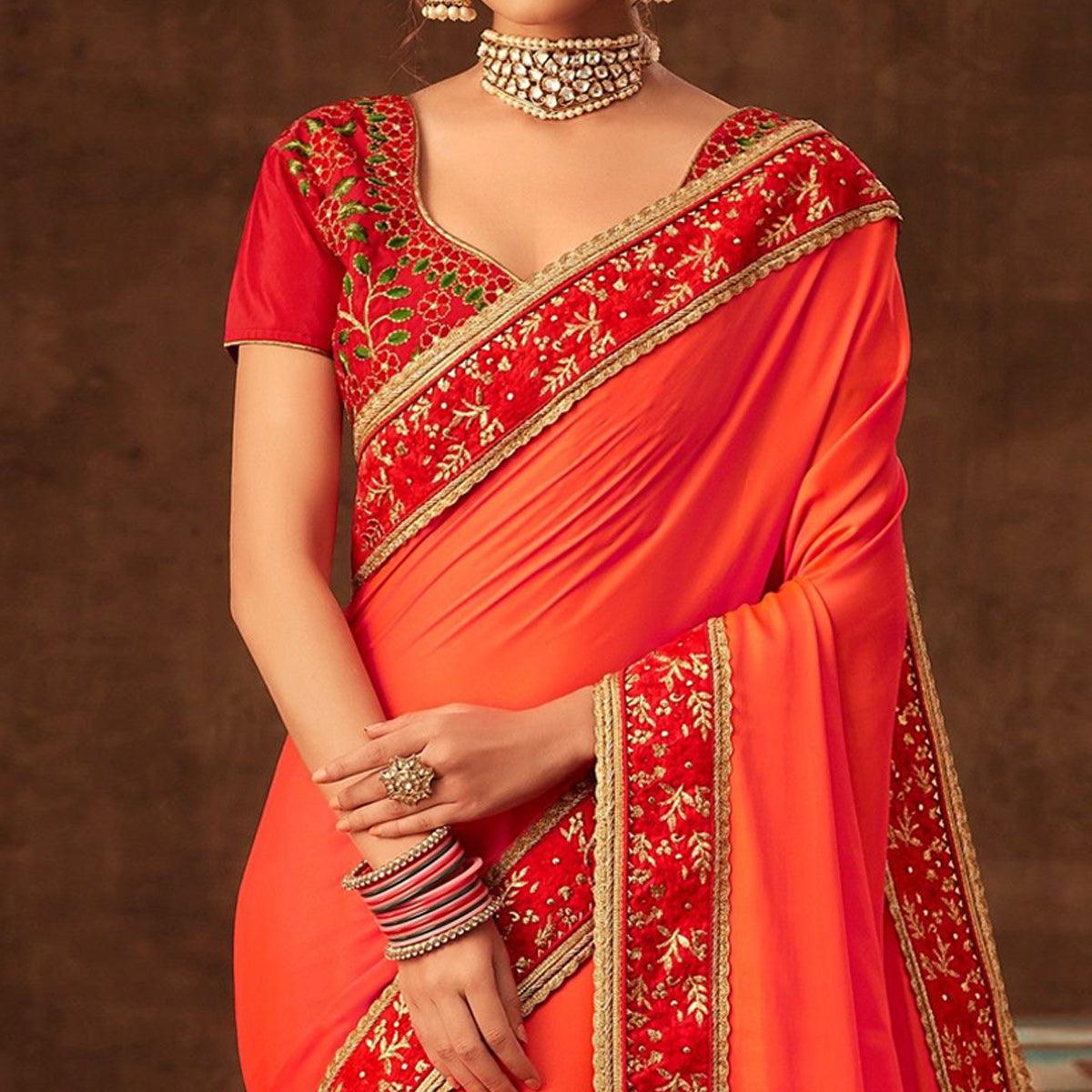 Orange Embellished With Embroidered Art Silk Saree - Peachmode