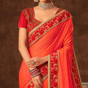 Orange Embellished With Embroidered Art Silk Saree - Peachmode
