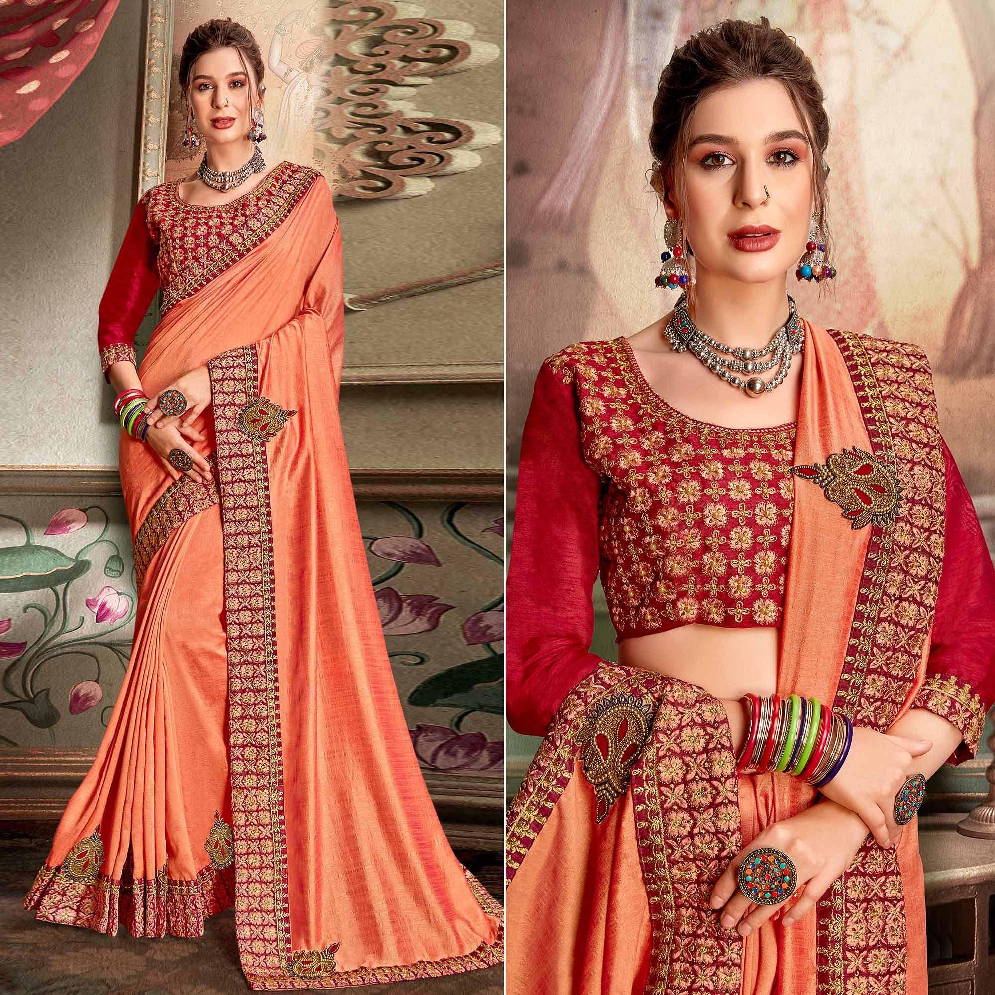Orange Embellished With Embroidered Vichitra Silk Saree - Peachmode