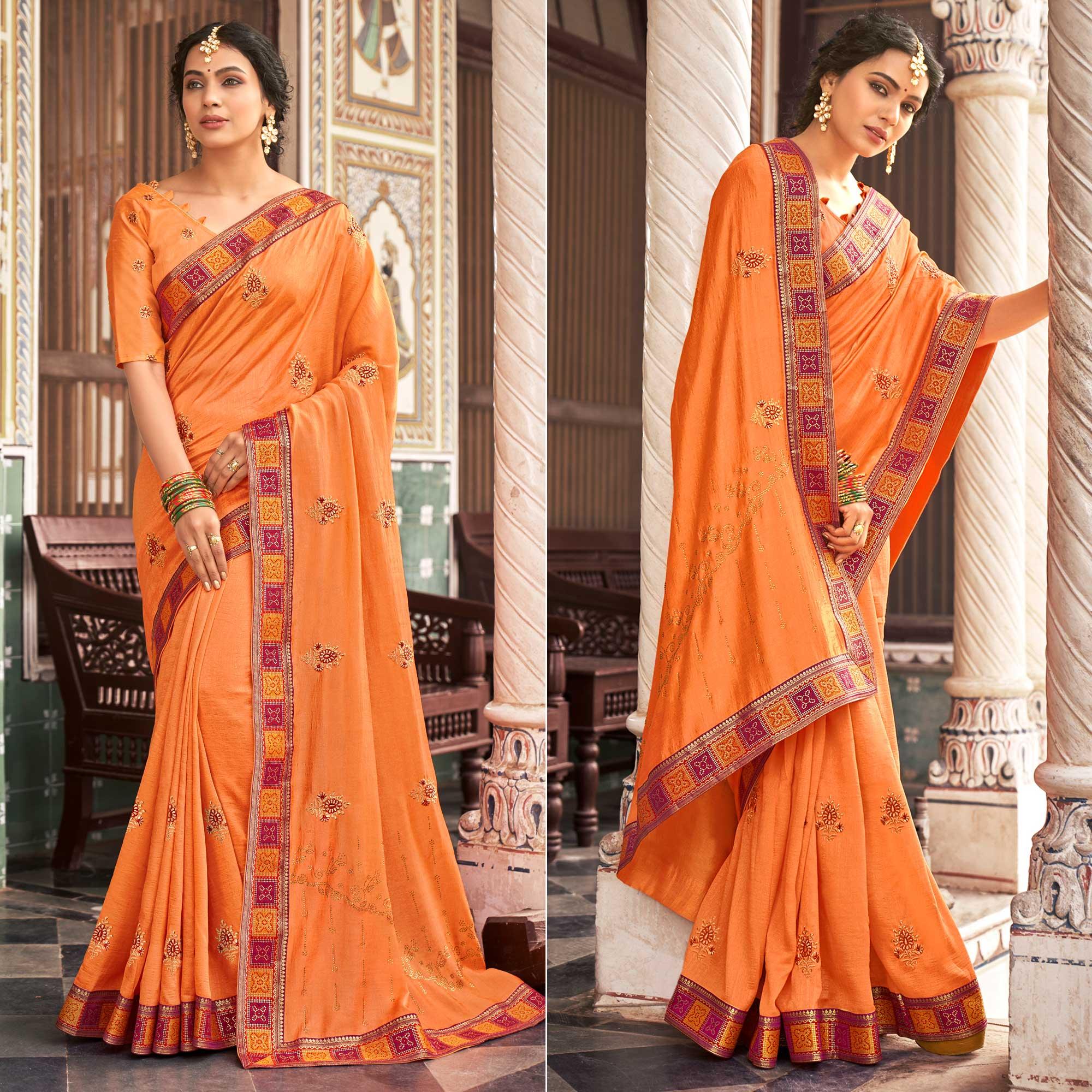 Orange Embellished With Embroidered Vichitra Silk Saree - Peachmode