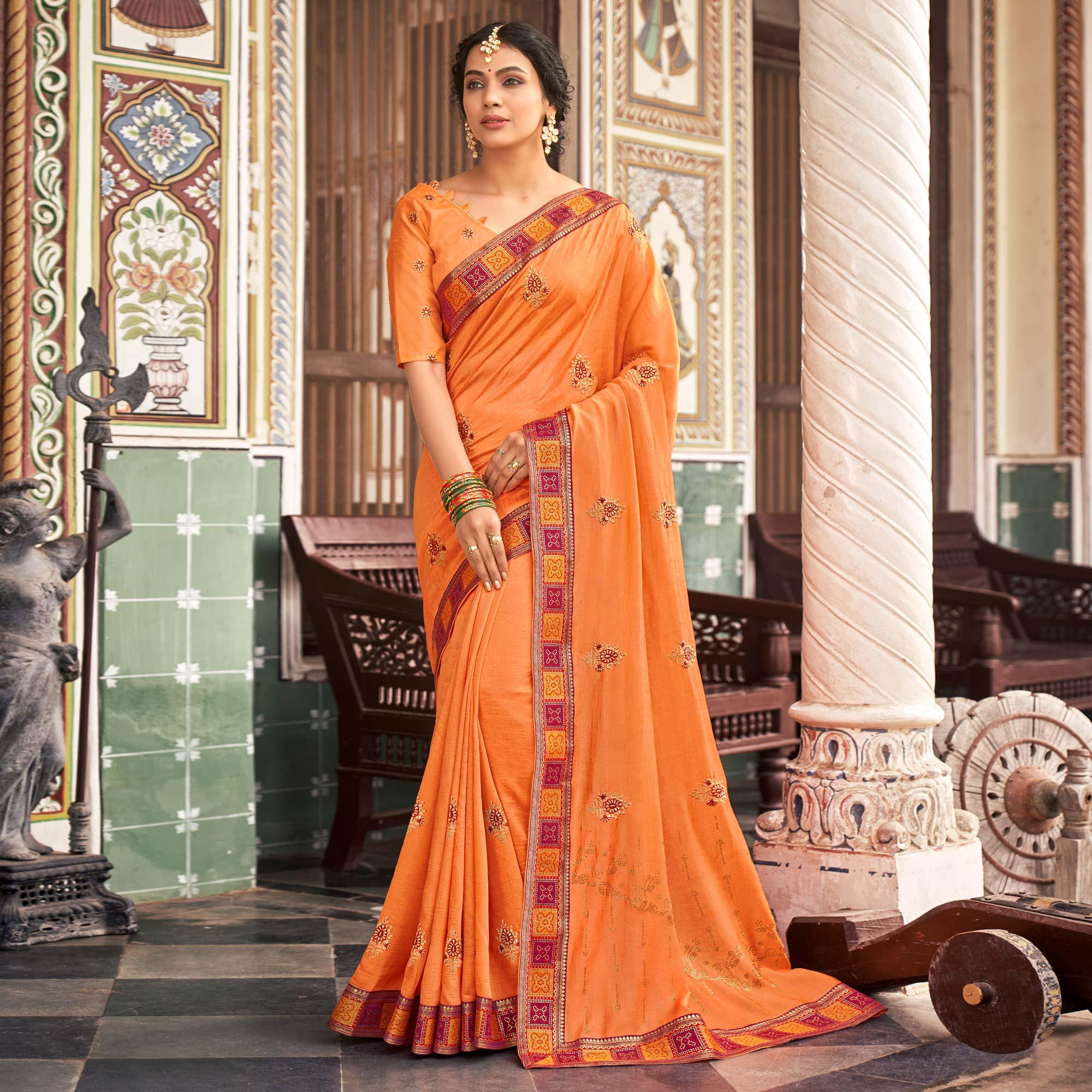 Orange Embellished With Embroidered Vichitra Silk Saree - Peachmode