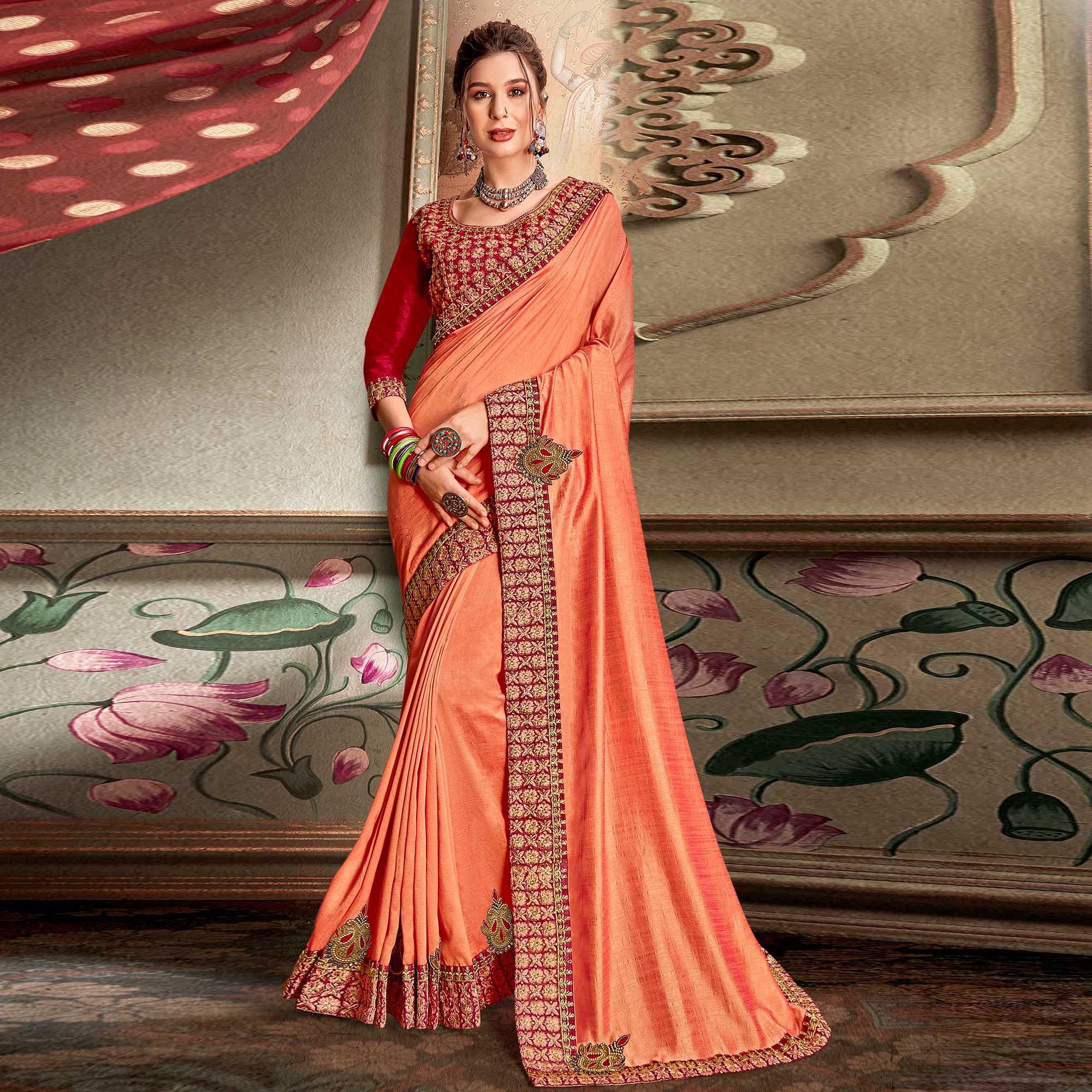 Orange Embellished With Embroidered Vichitra Silk Saree - Peachmode