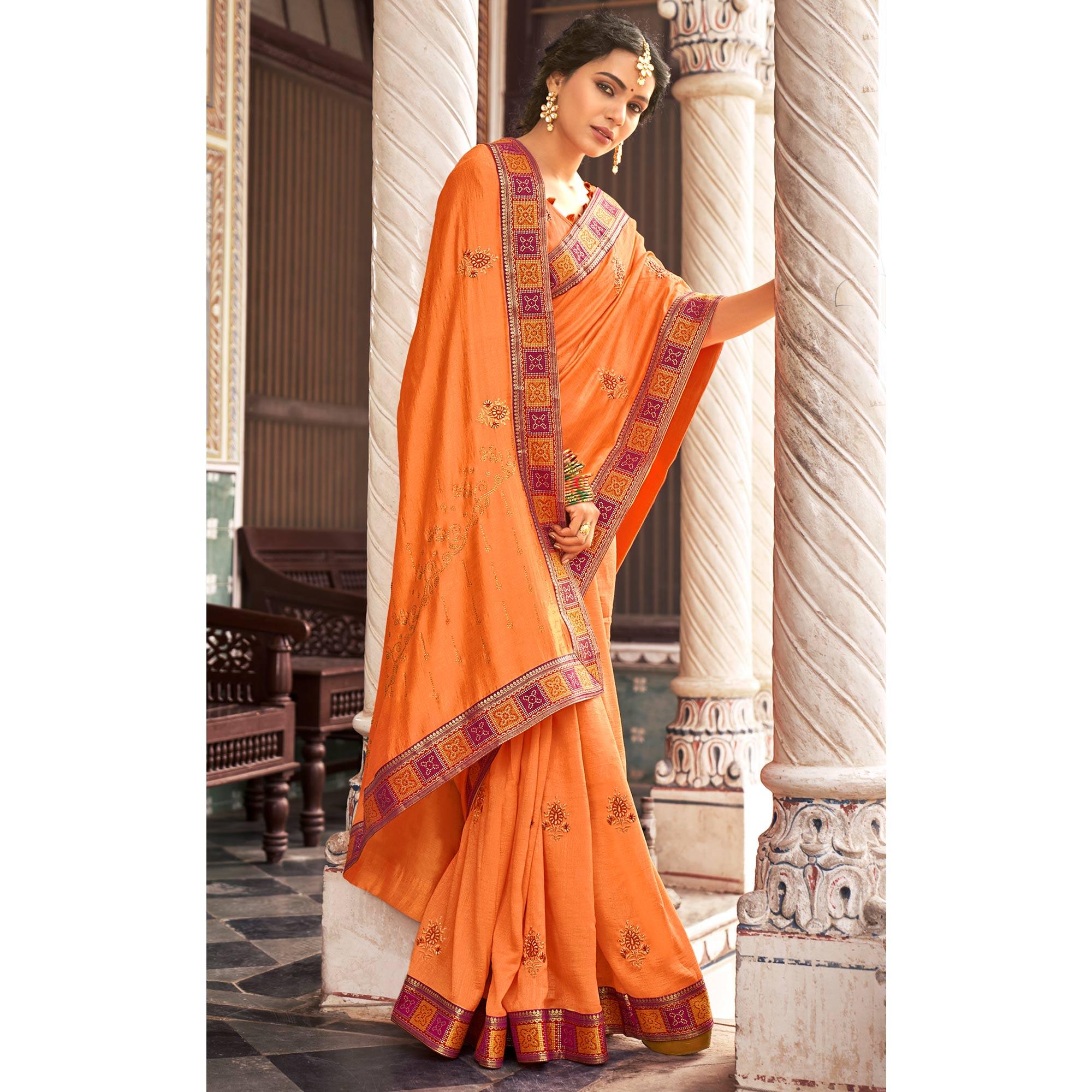 Orange Embellished With Embroidered Vichitra Silk Saree - Peachmode