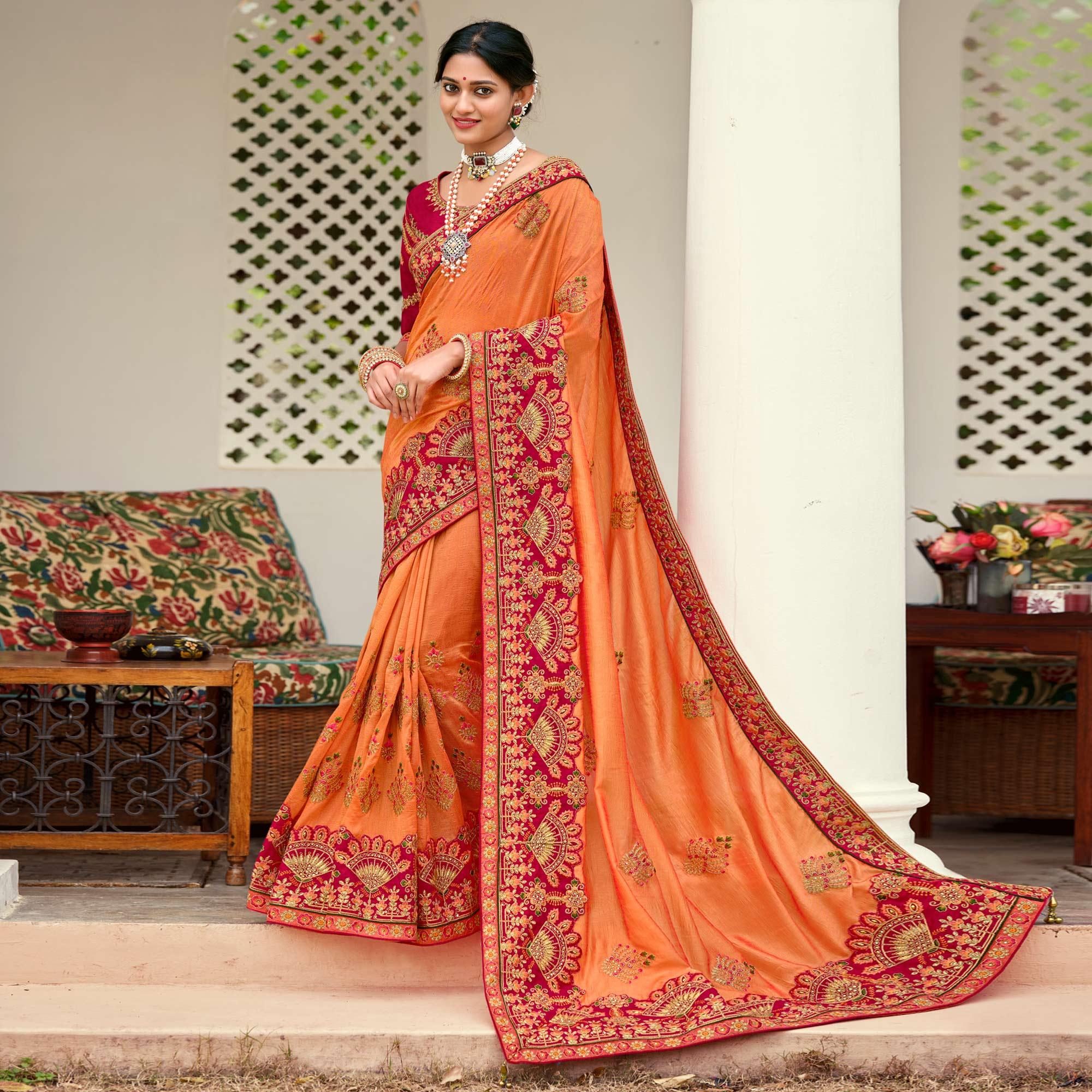 Orange Embellished With Embroidered Vichitra Silk Saree With Tassels - Peachmode