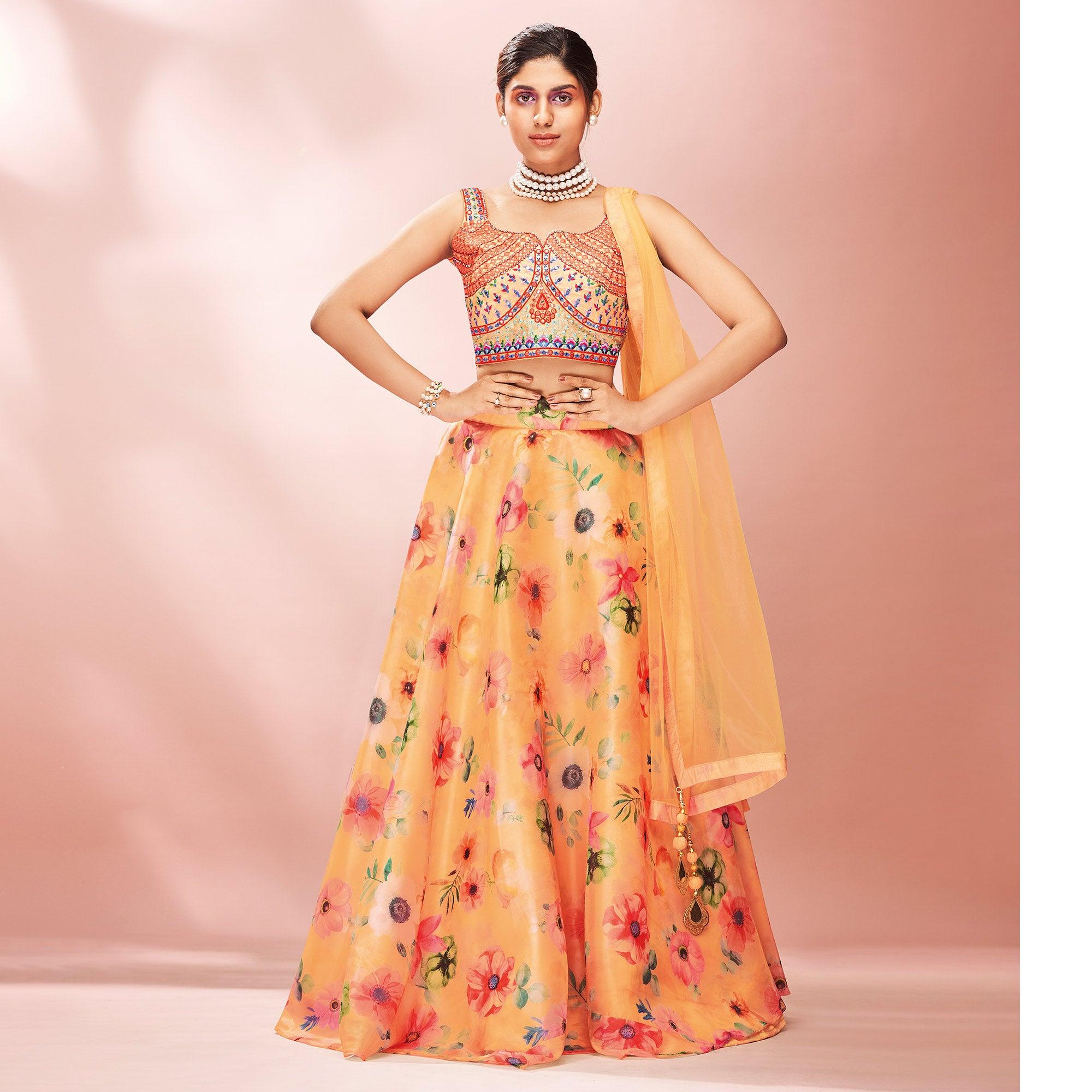 Orange Embellished With Printed Organza Lehenga Choli - Peachmode