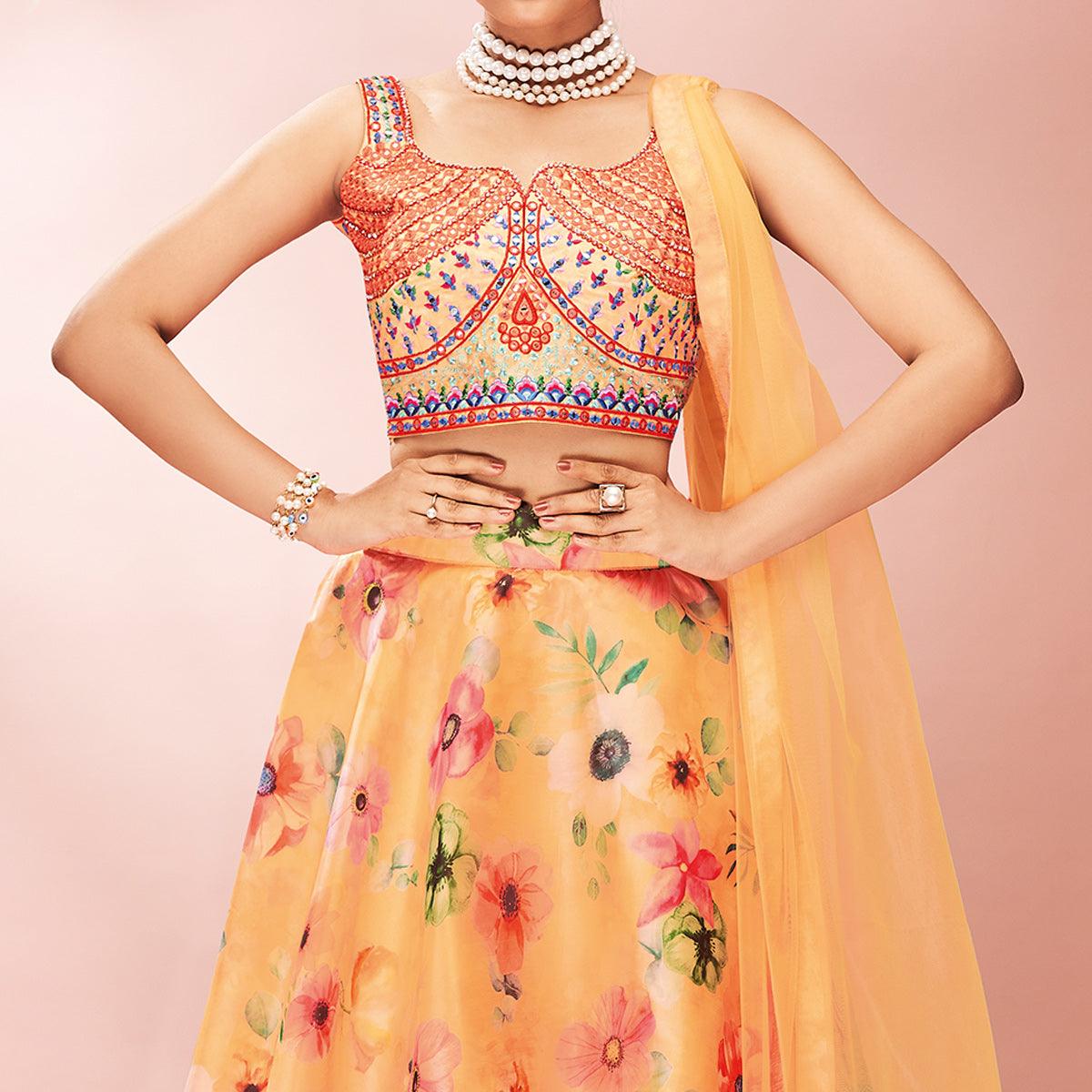 Orange Embellished With Printed Organza Lehenga Choli - Peachmode