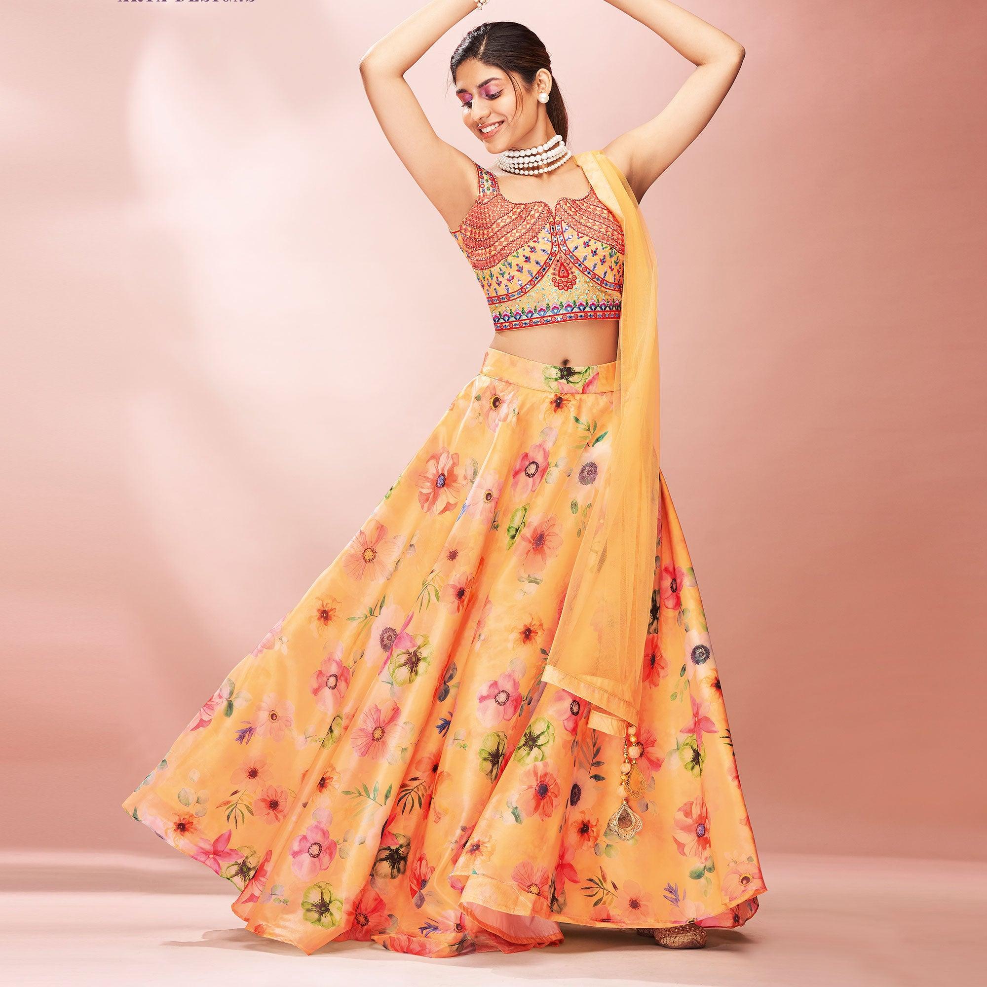 Orange Embellished With Printed Organza Lehenga Choli - Peachmode
