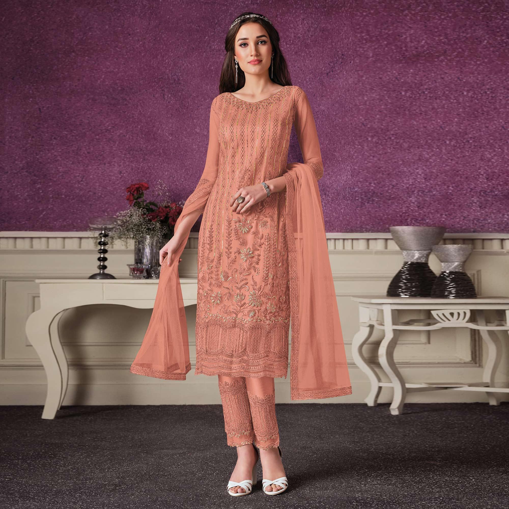 Orange Embroidered Butterfly Net Partywear Suit - Peachmode