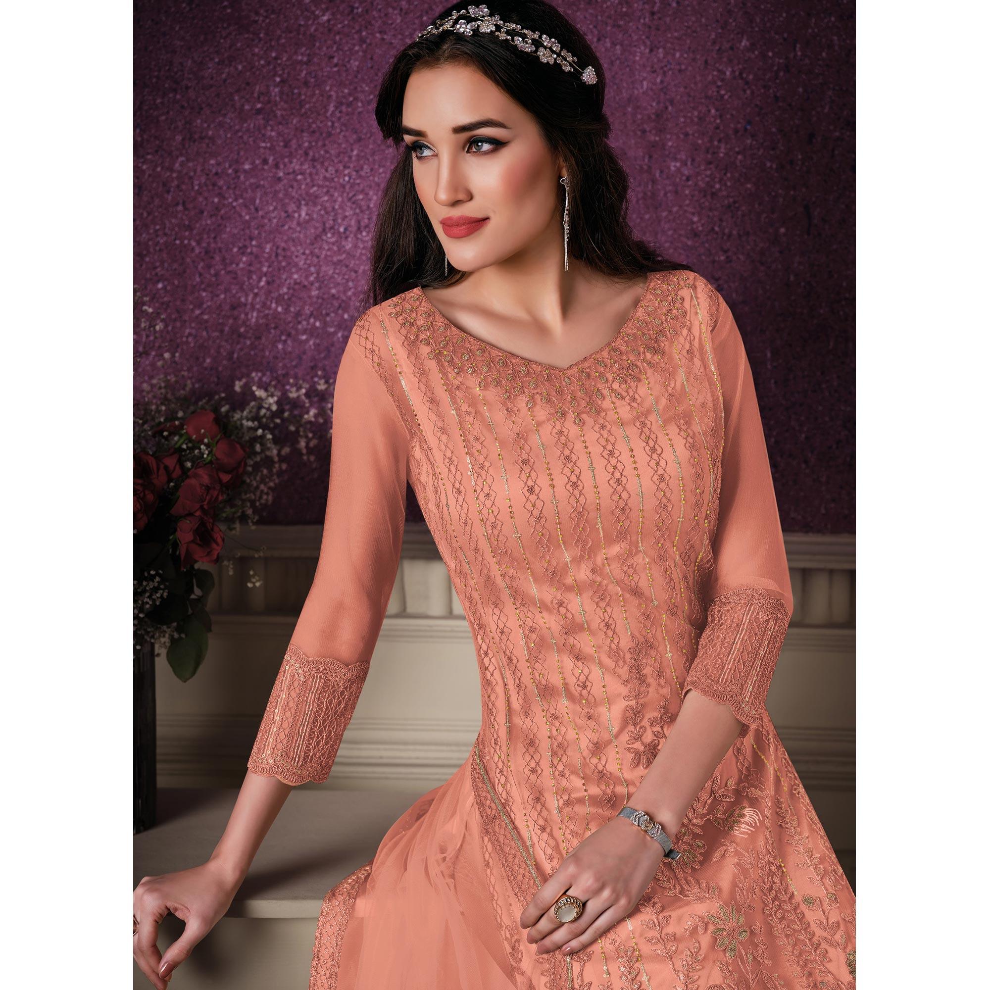 Orange Embroidered Butterfly Net Partywear Suit - Peachmode