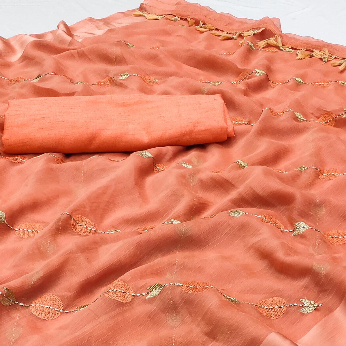 Orange Embroidered Chiffon Saree - Peachmode