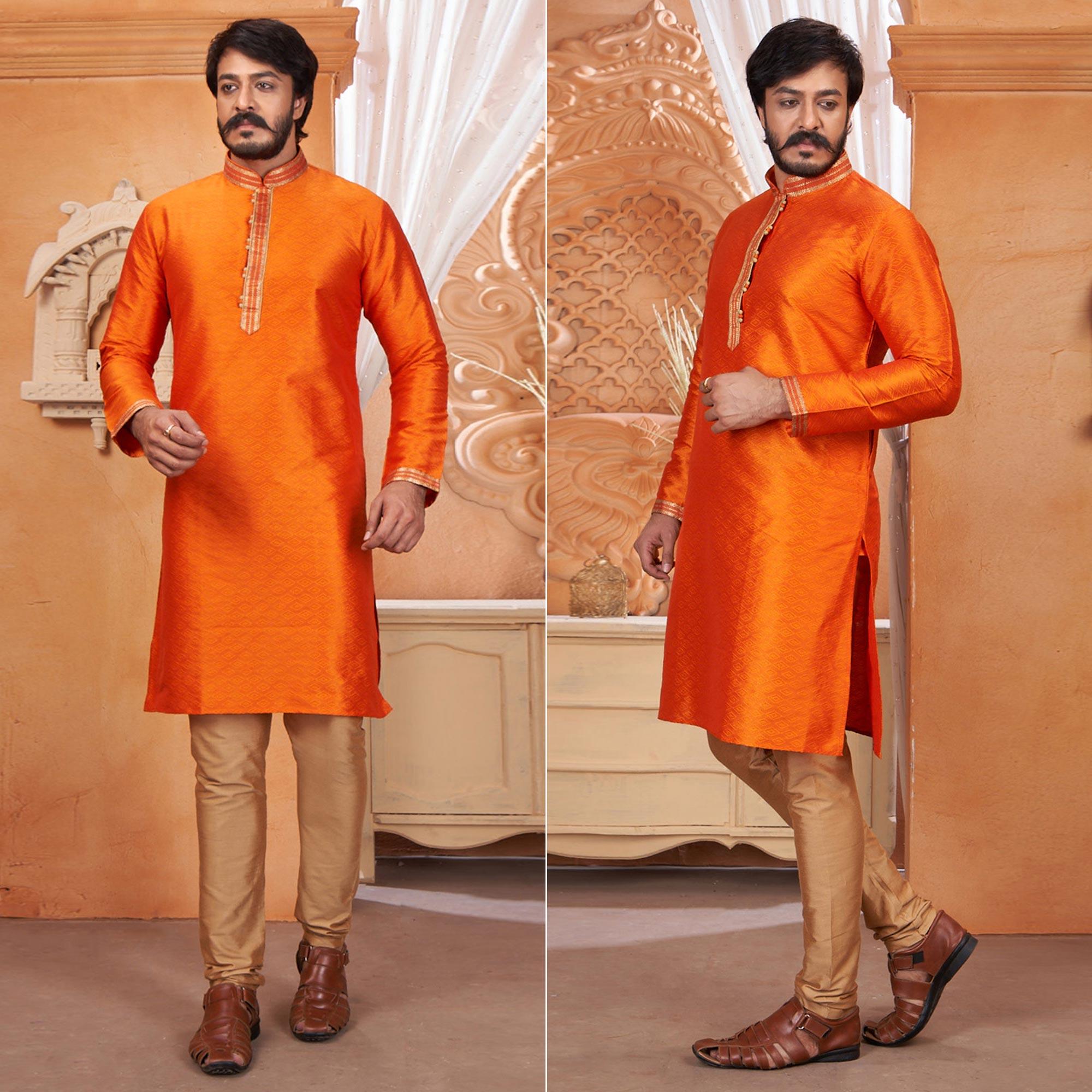 Orange Embroidered Jacquard Art Silk Silk Kurta Pyajama Set - Peachmode