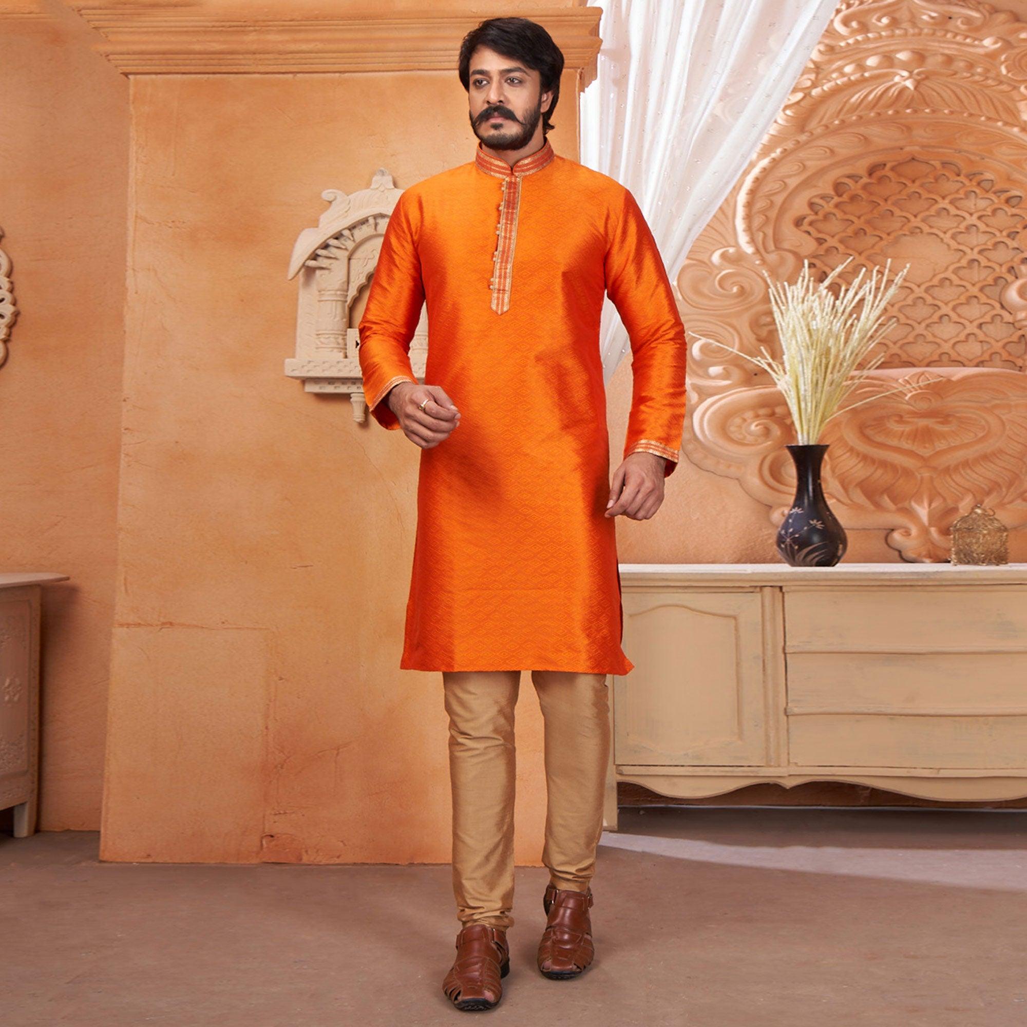 Orange Embroidered Jacquard Art Silk Silk Kurta Pyajama Set - Peachmode