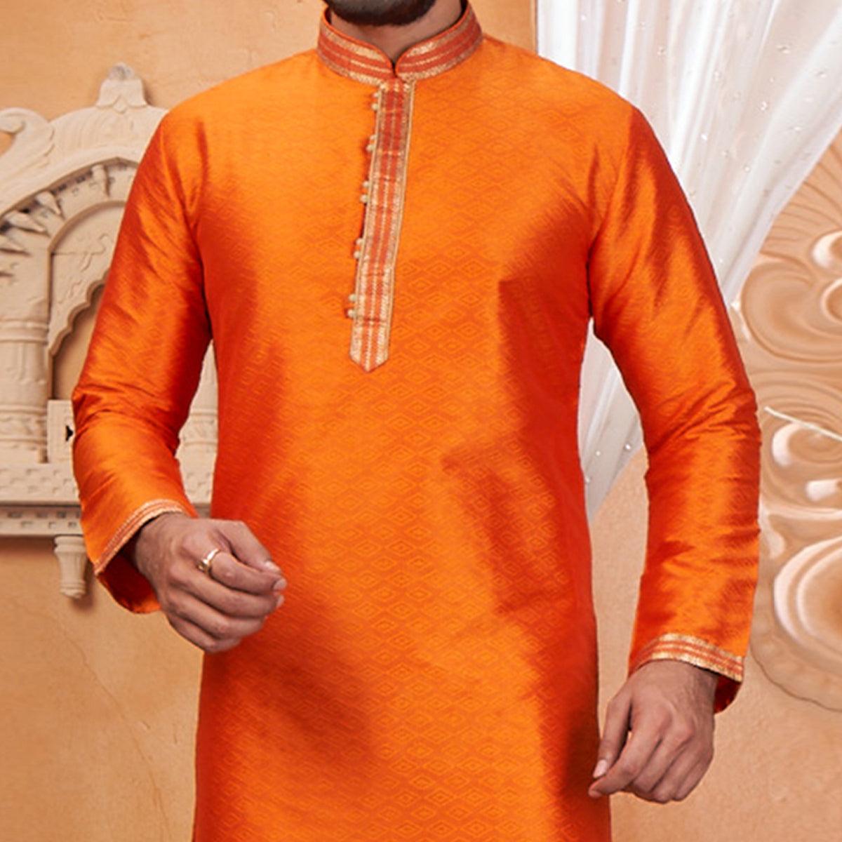 Orange Embroidered Jacquard Art Silk Silk Kurta Pyajama Set - Peachmode