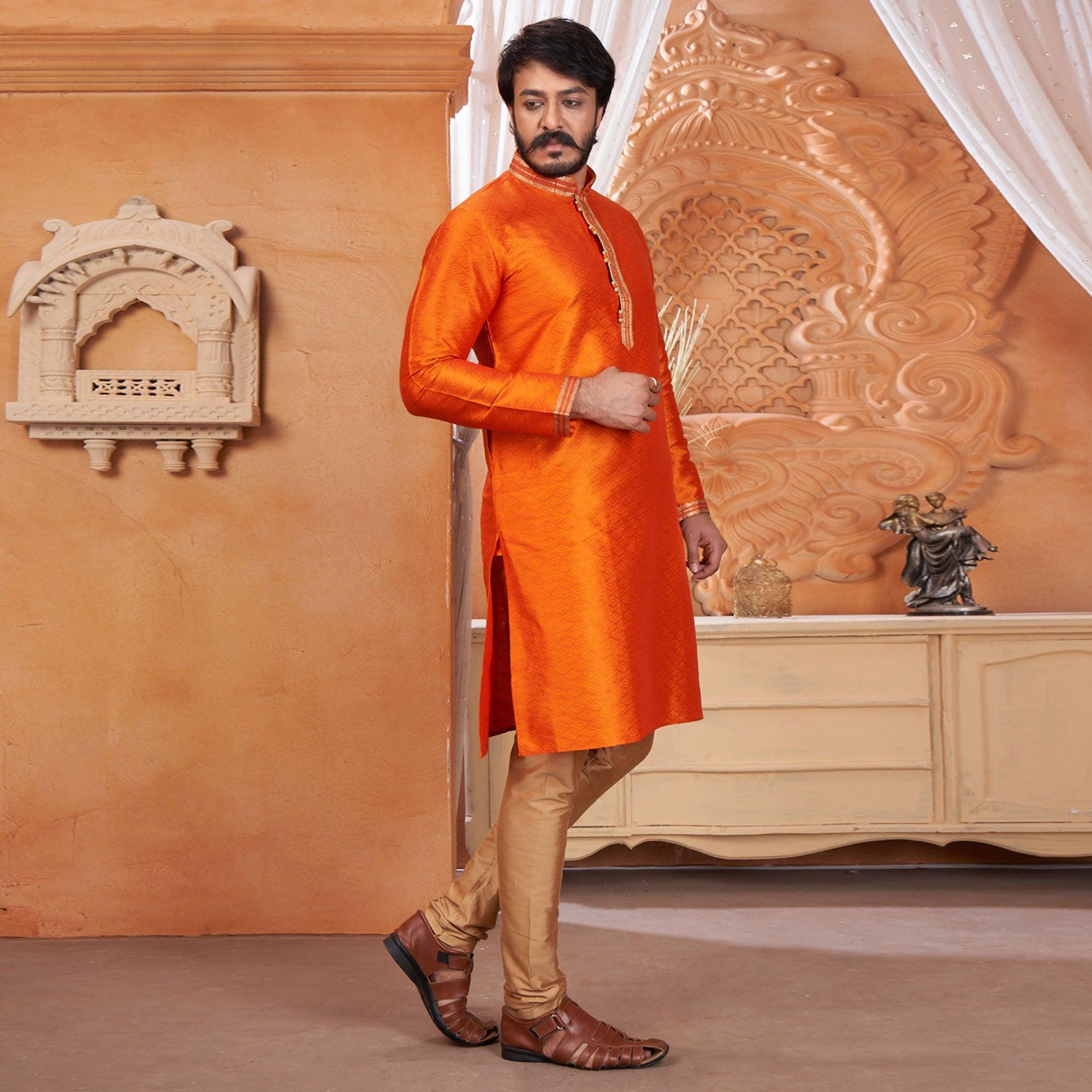Orange Embroidered Jacquard Art Silk Silk Kurta Pyajama Set - Peachmode