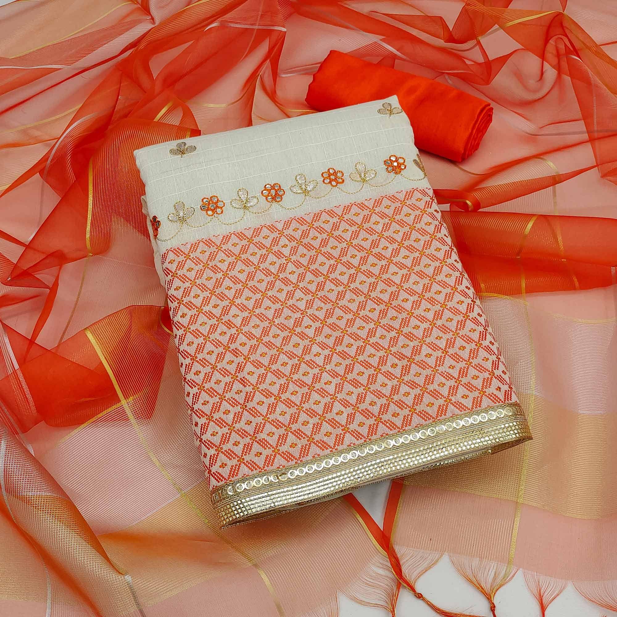 Orange Embroidered Jacquard Dress Material - Peachmode