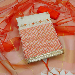 Orange Embroidered Jacquard Dress Material - Peachmode