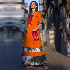 Orange Embroidered Linen Kurti - Peachmode