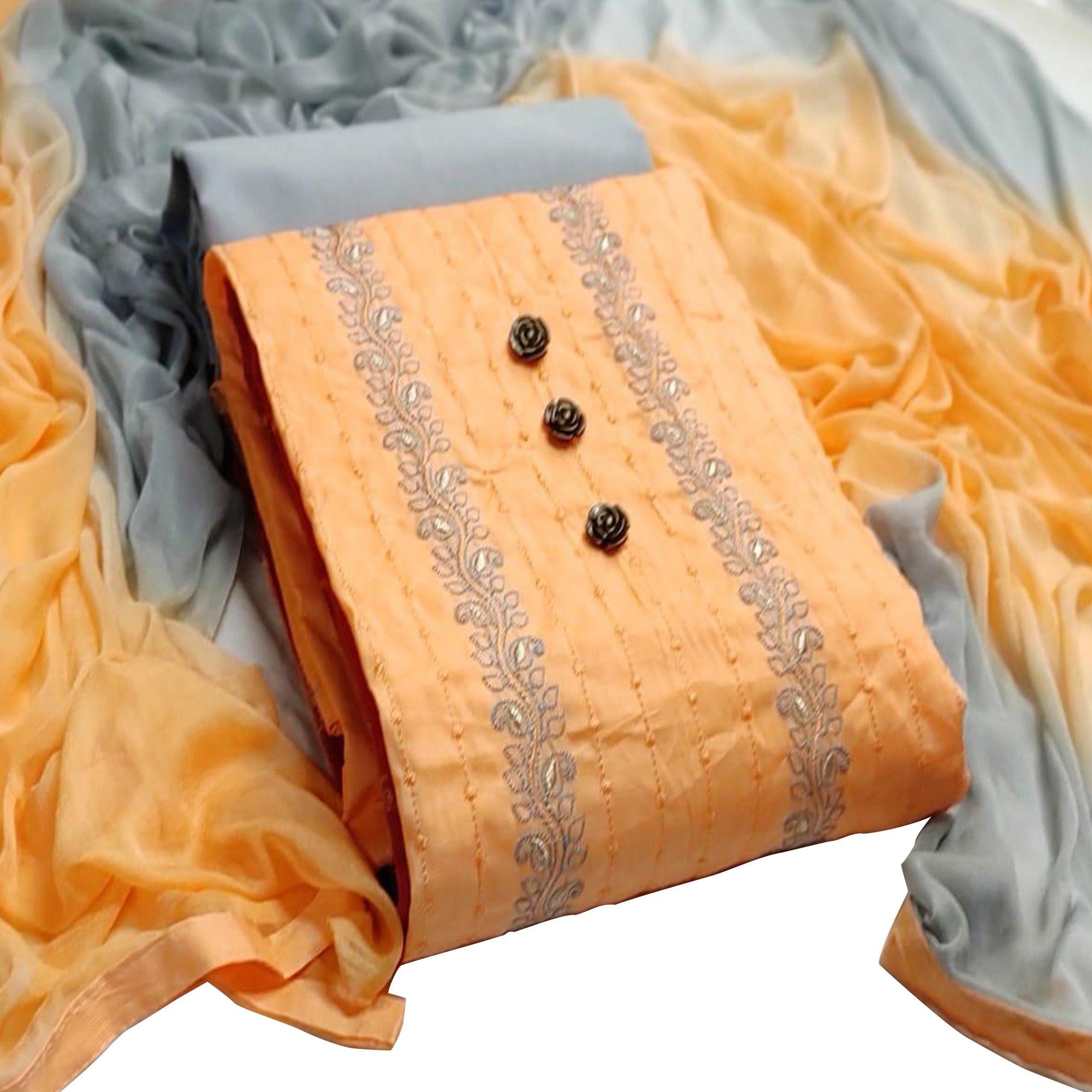 Orange Embroidered Pure Cotton Dress Material - Peachmode