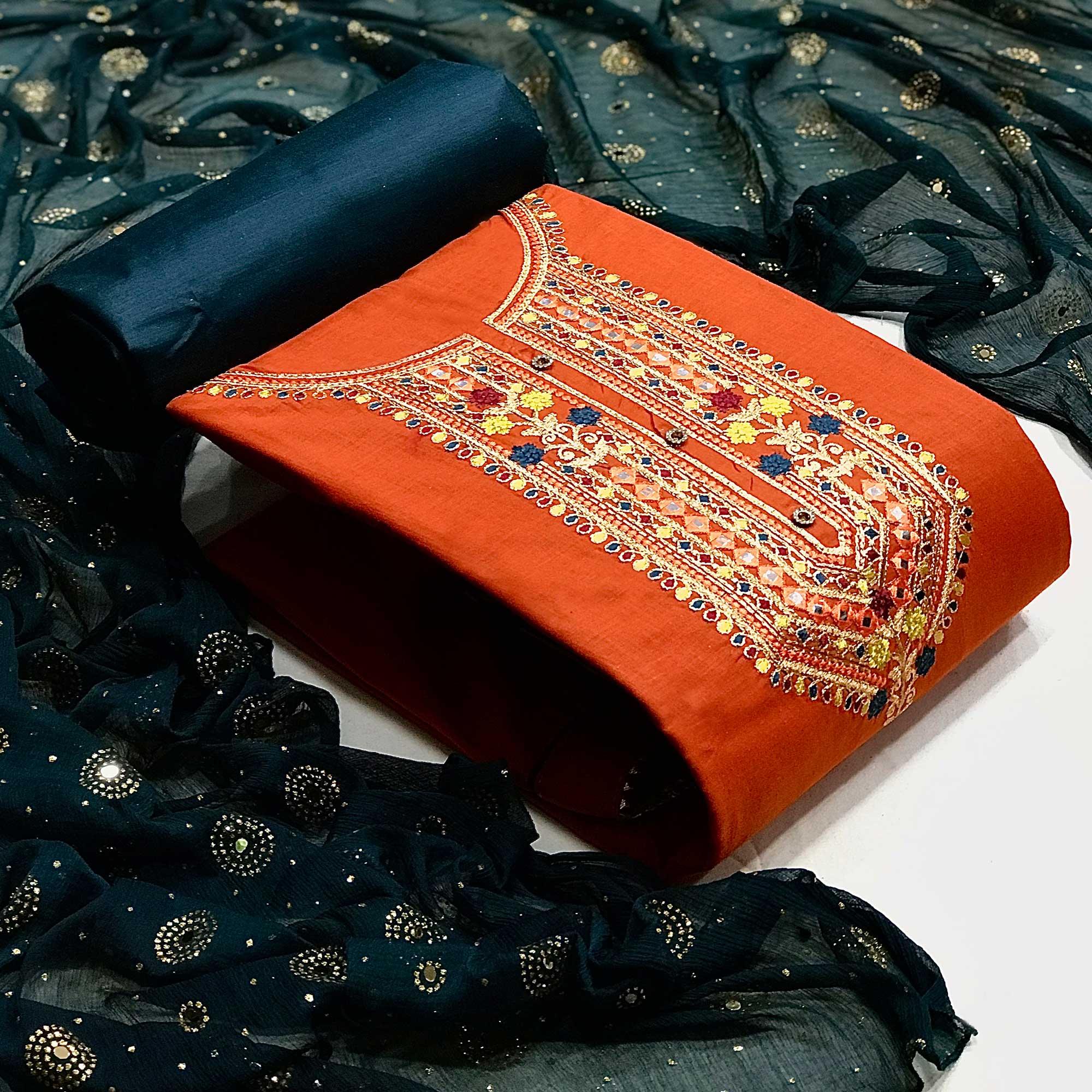 Orange Embroidered Pure Cotton Dress Material - Peachmode