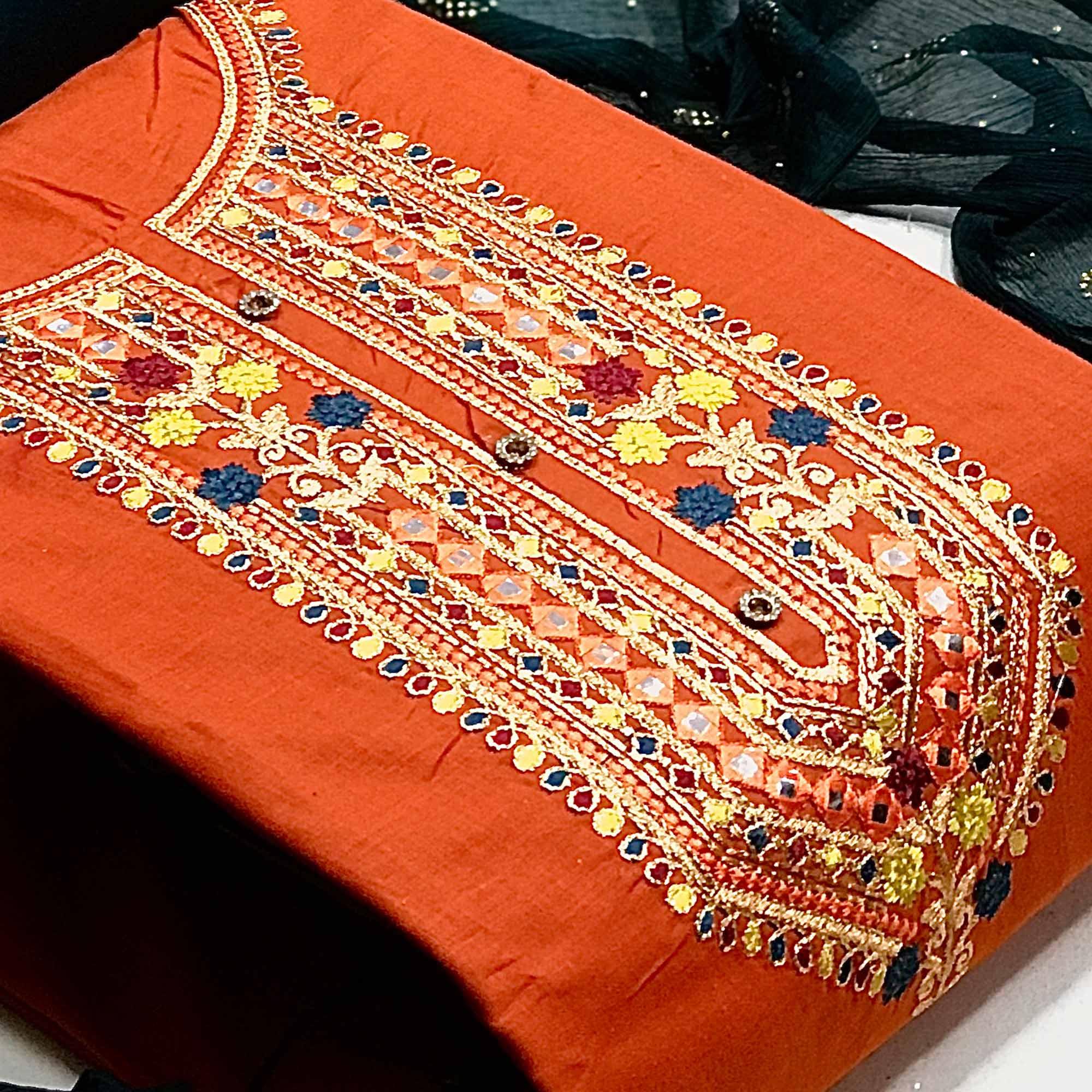 Orange Embroidered Pure Cotton Dress Material - Peachmode