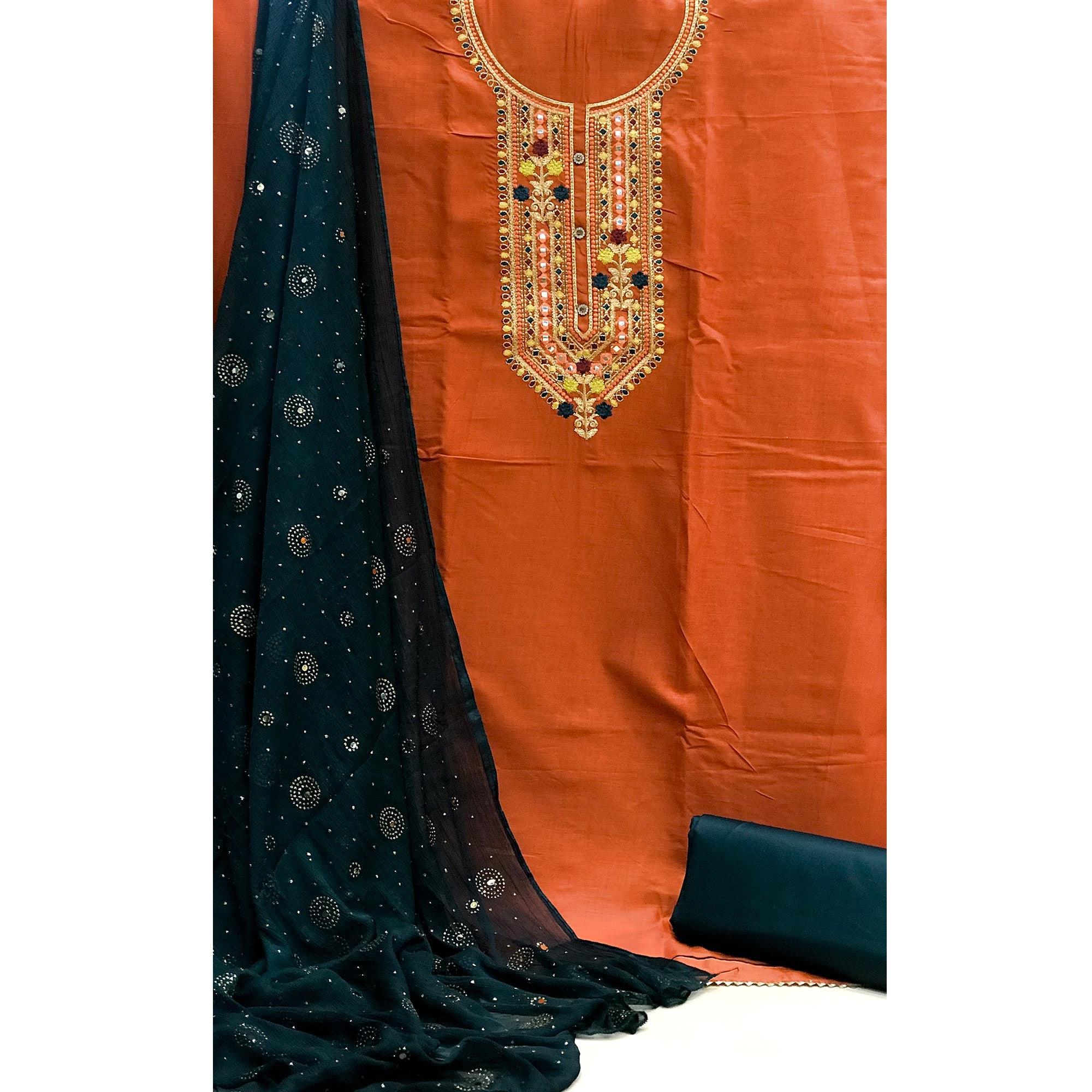 Orange Embroidered Pure Cotton Dress Material - Peachmode