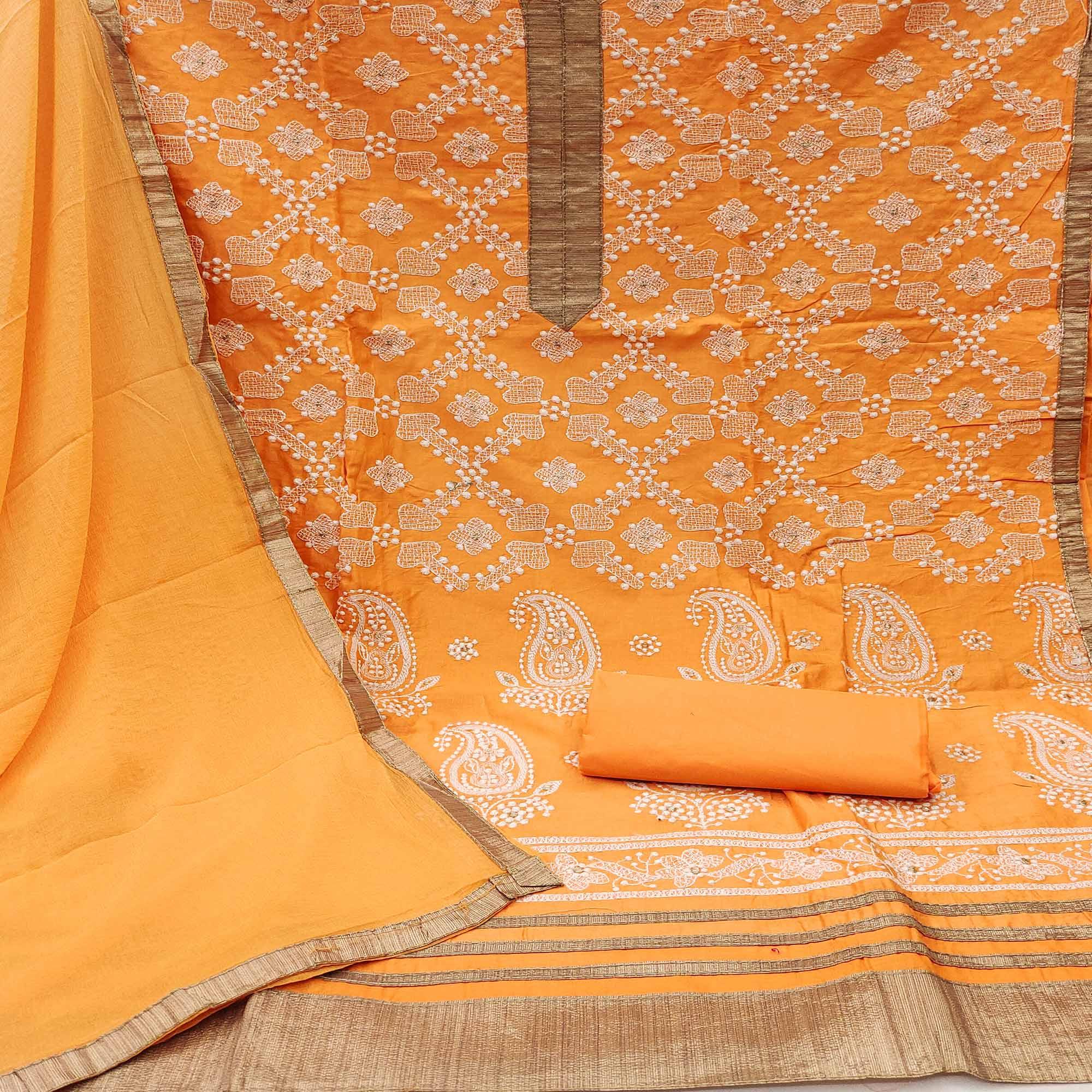 Orange Embroidered Pure Cotton Dress Material - Peachmode