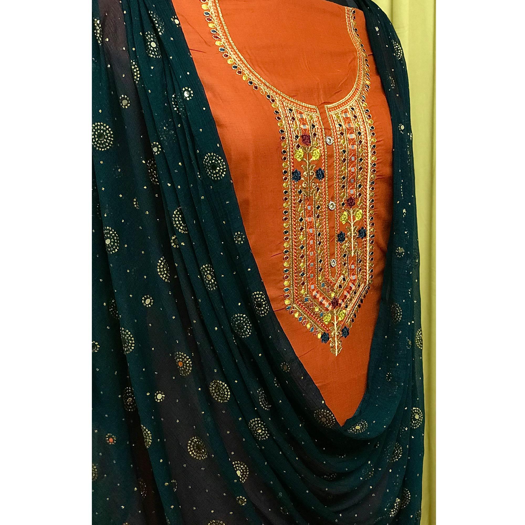 Orange Embroidered Pure Cotton Dress Material - Peachmode