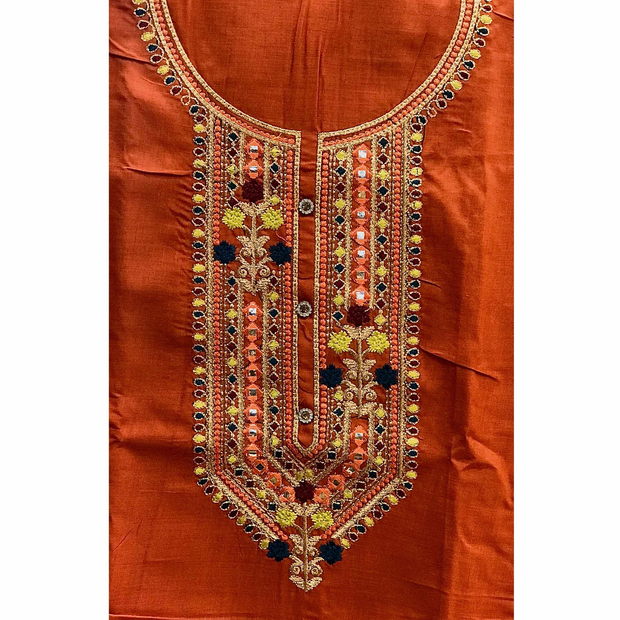 Orange Embroidered Pure Cotton Dress Material - Peachmode