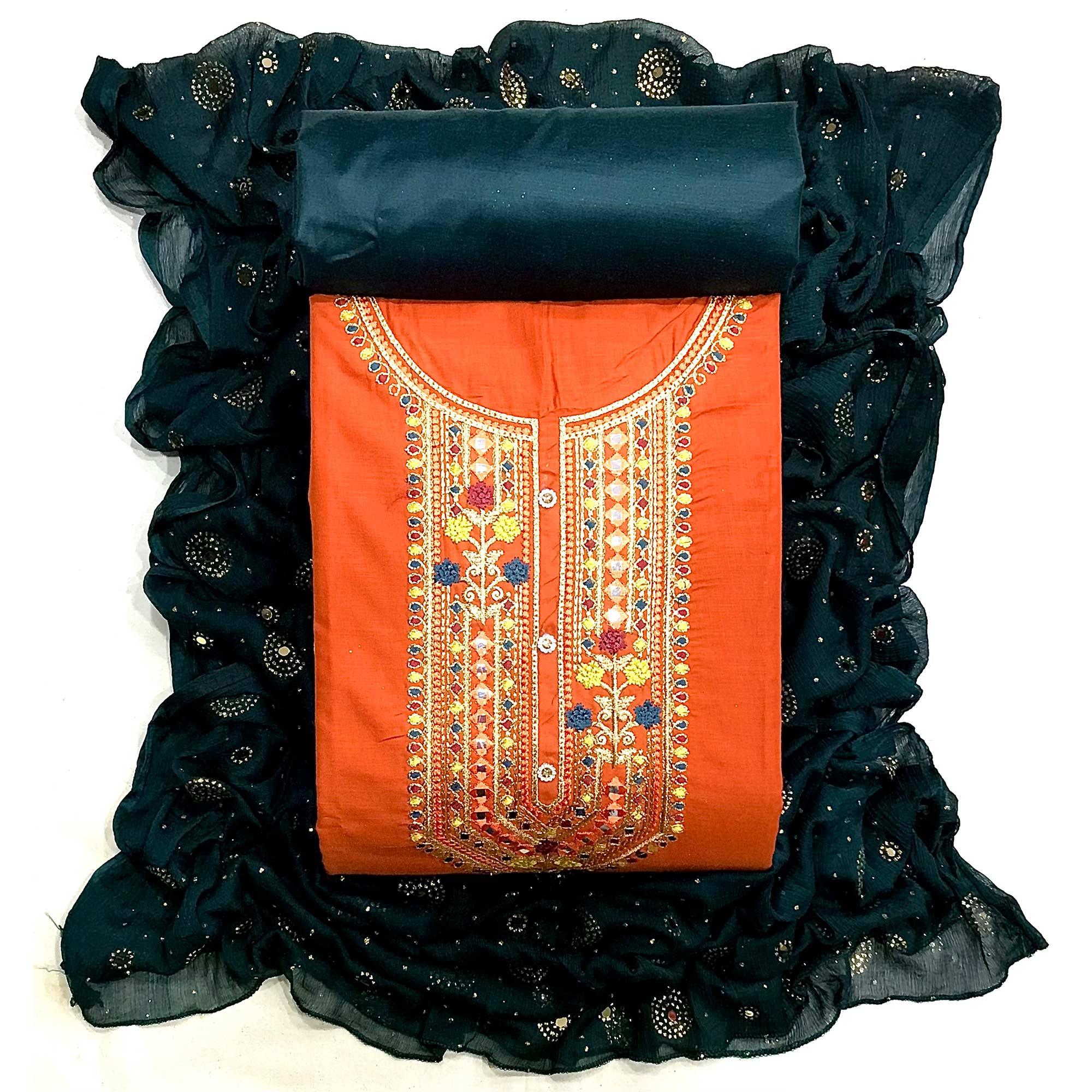Orange Embroidered Pure Cotton Dress Material - Peachmode