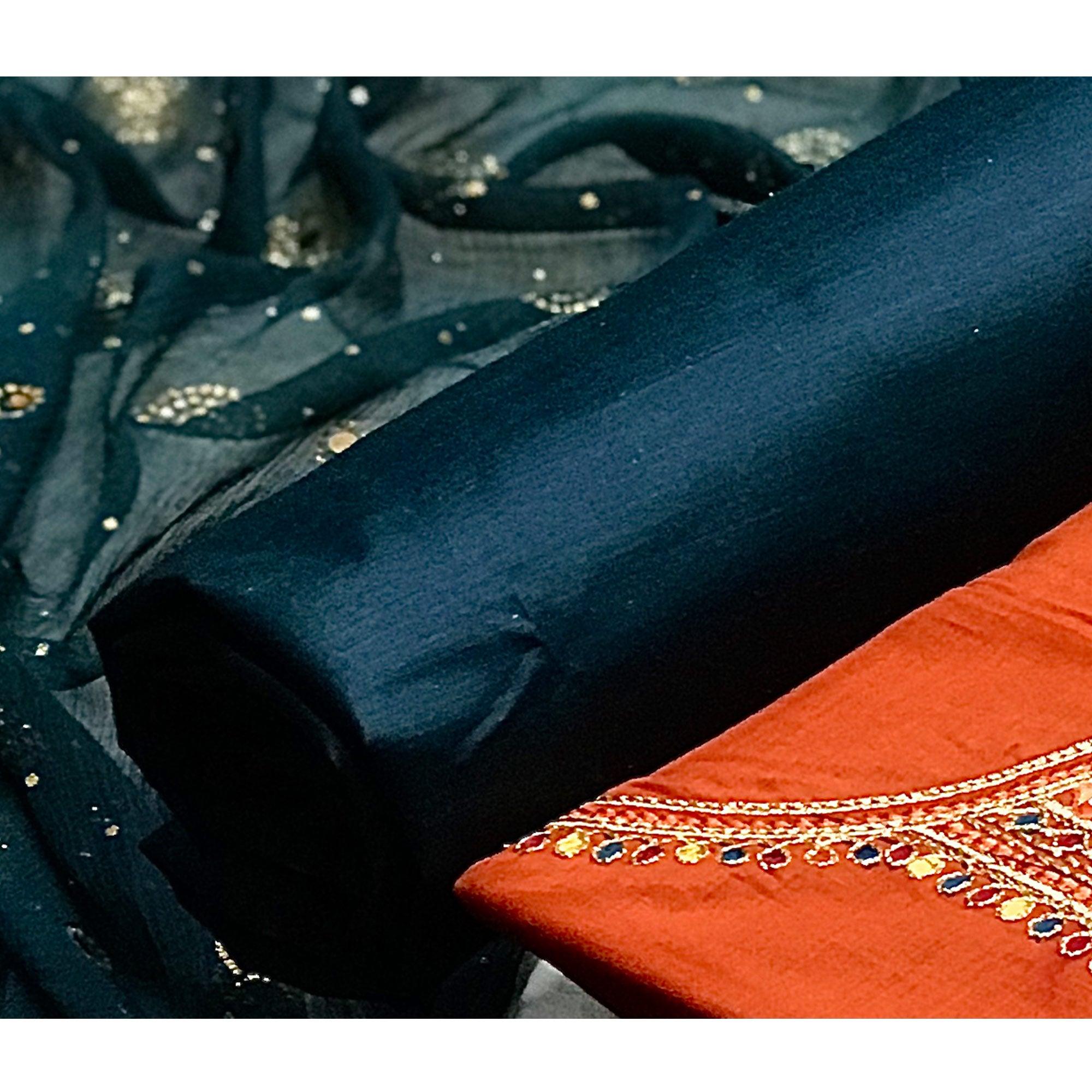 Orange Embroidered Pure Cotton Dress Material - Peachmode