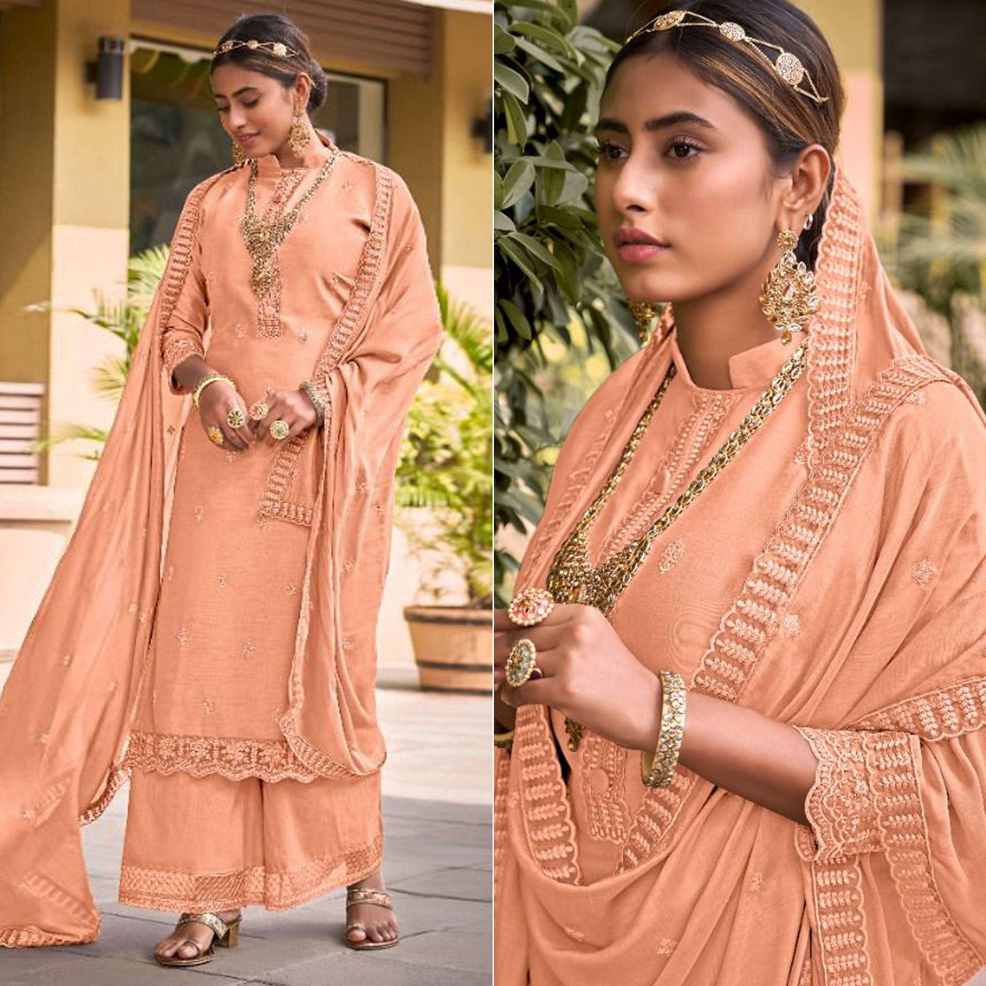 Orange Embroidered Viscose Palazzo Suit - Peachmode