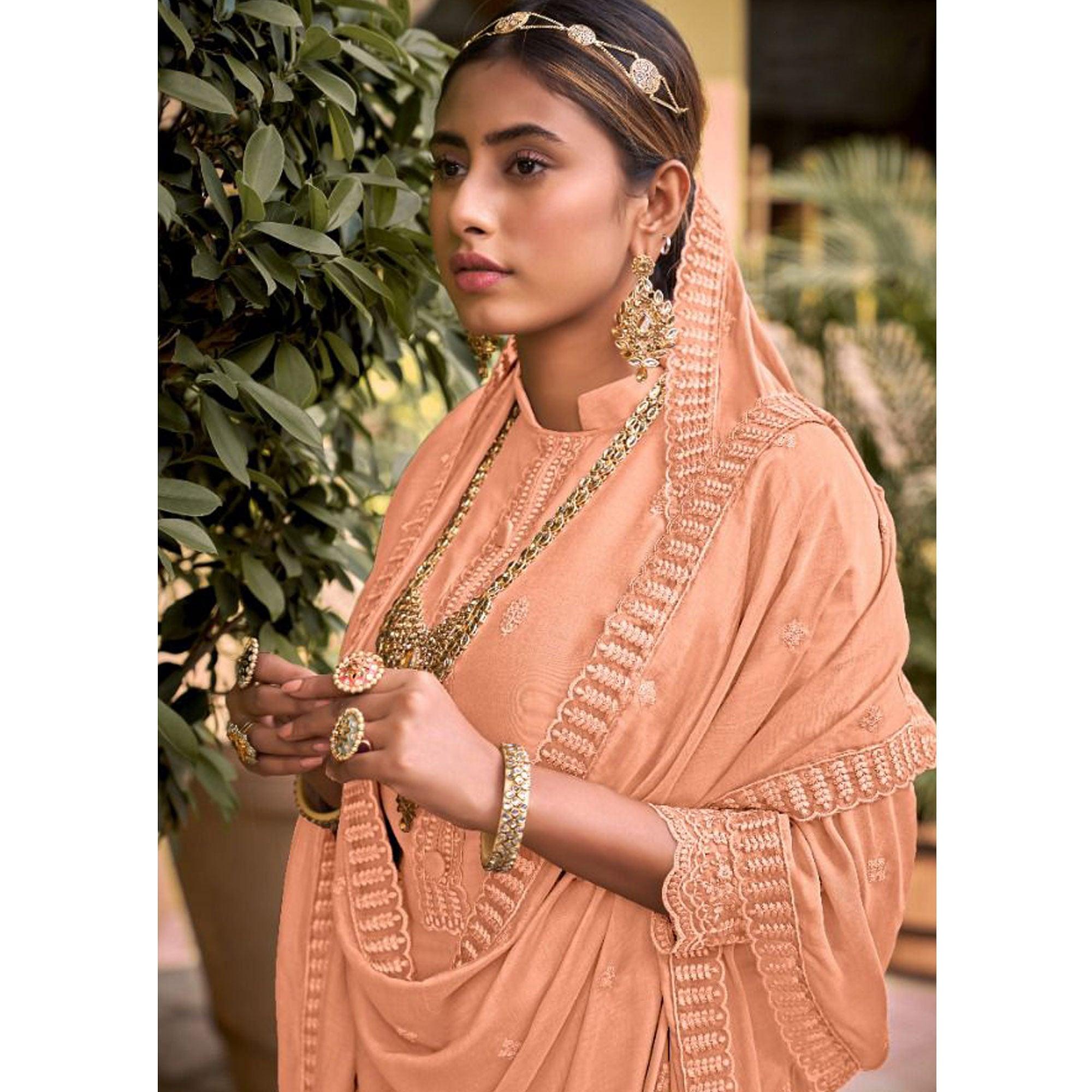 Orange Embroidered Viscose Palazzo Suit - Peachmode