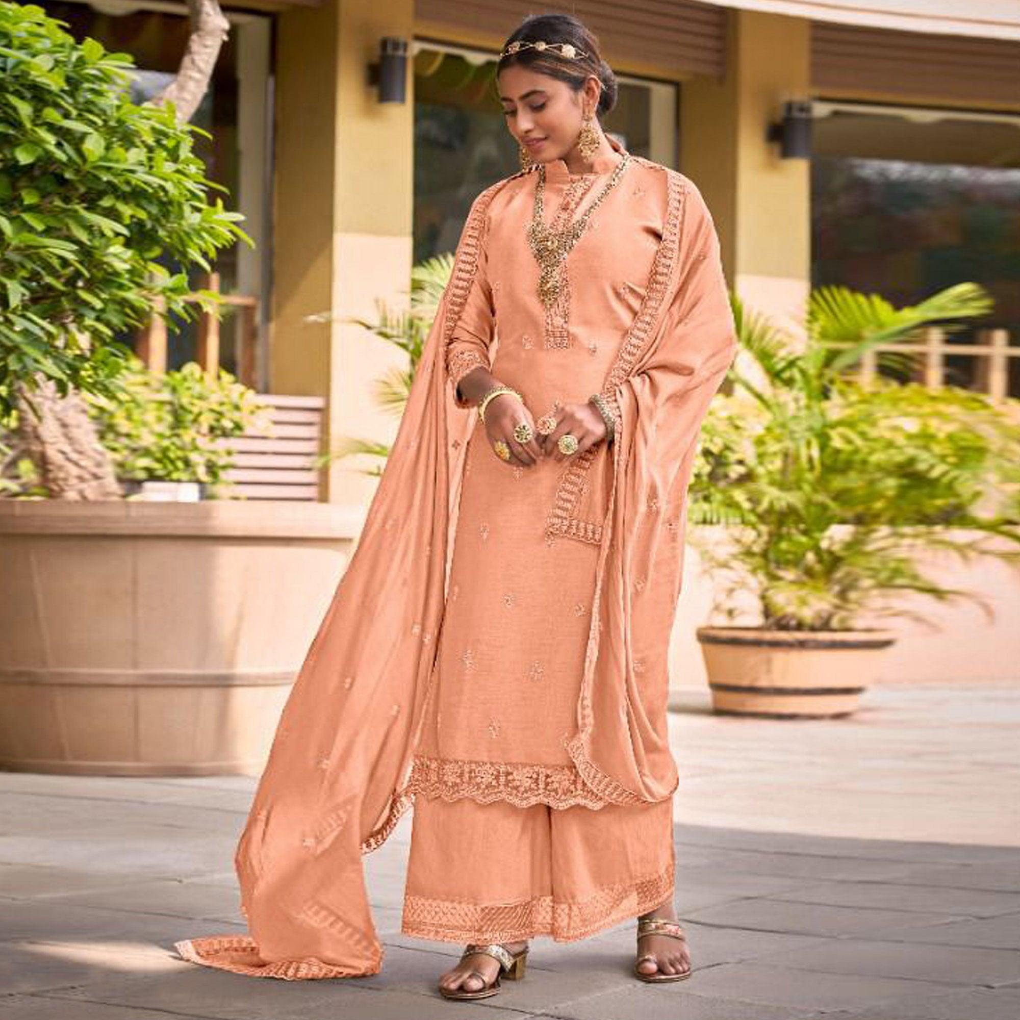 Orange Embroidered Viscose Palazzo Suit - Peachmode