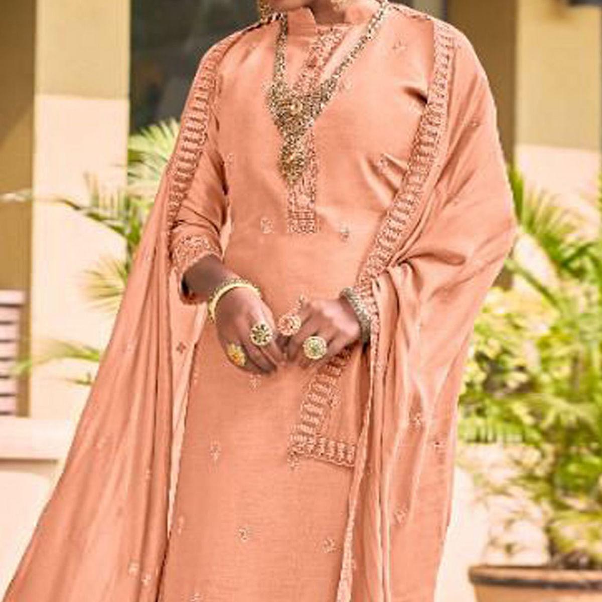 Orange Embroidered Viscose Palazzo Suit - Peachmode
