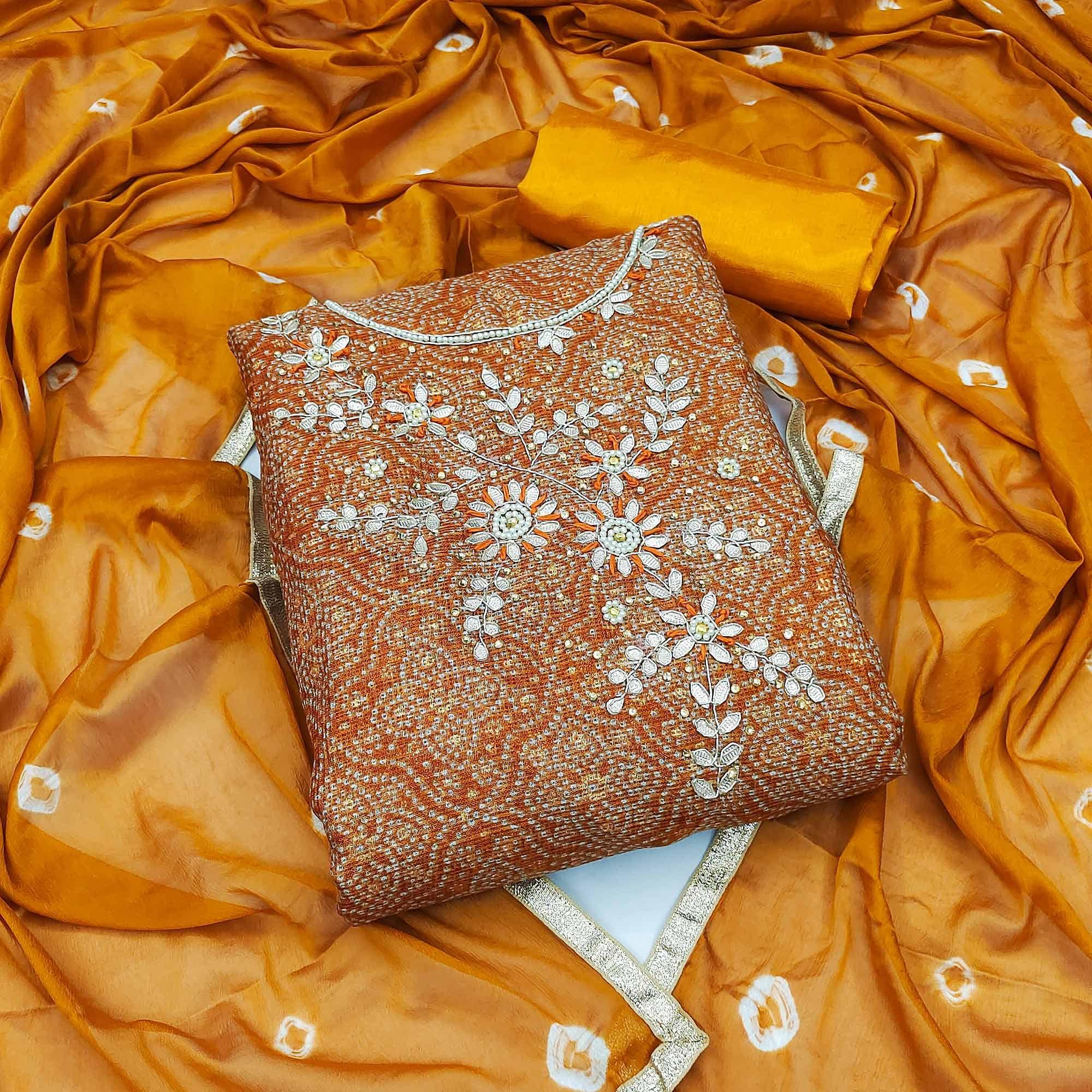 Orange Embroidered With Printed Khaadi Dress Material - Peachmode
