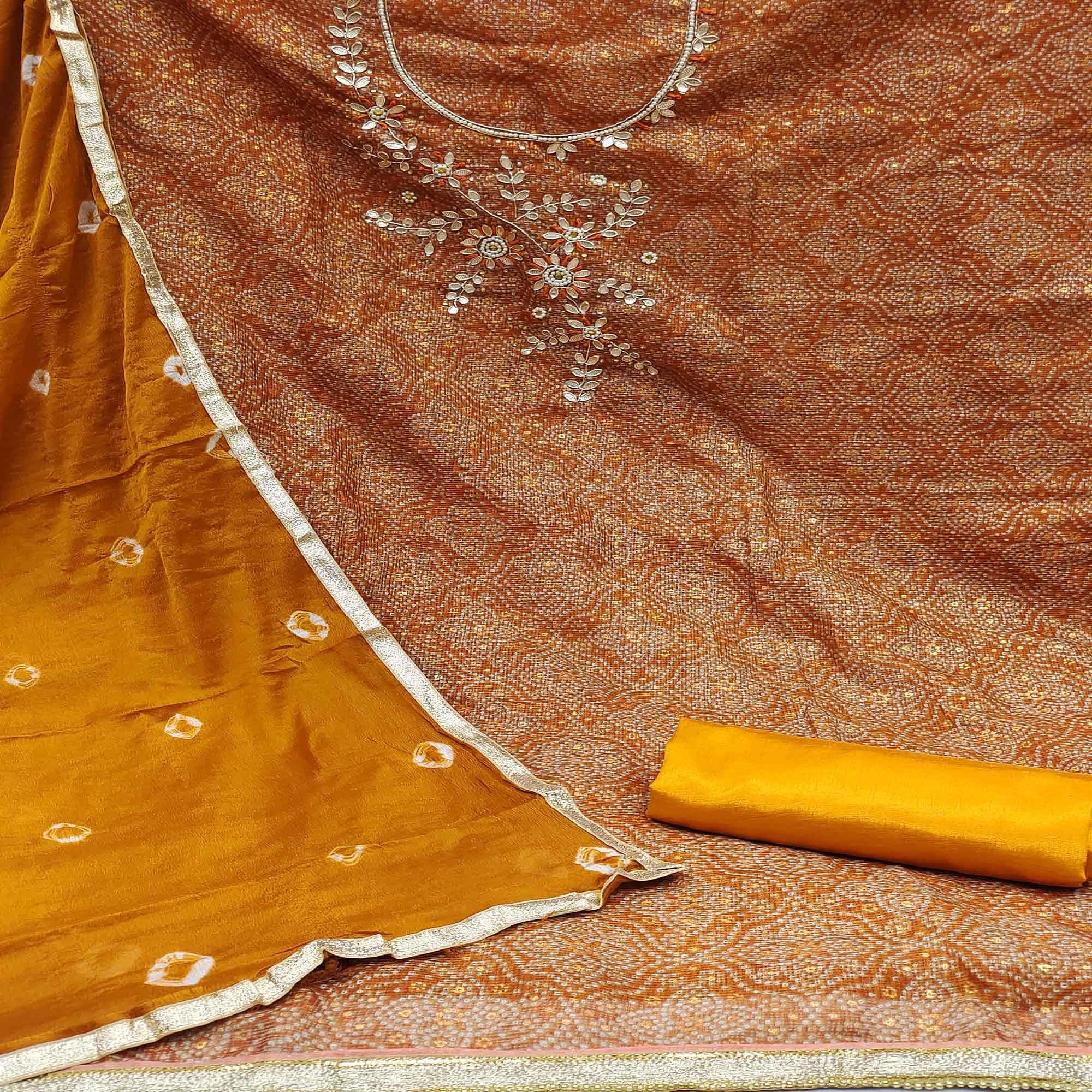 Orange Embroidered With Printed Khaadi Dress Material - Peachmode