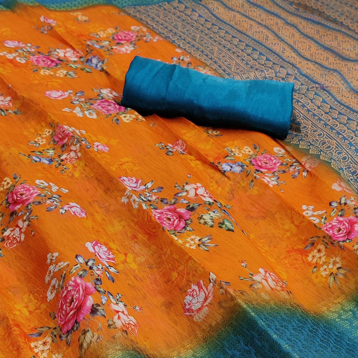 Orange-Ferozi Festive Wear Floral Digital Printed With Woven Zari Border Cotton Saree - Peachmode