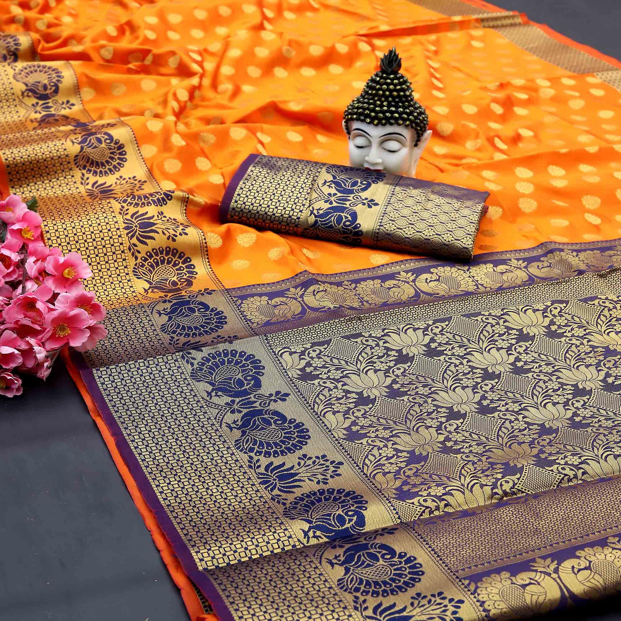 Orange Festive Embroidered Kota Banarasi Art Silk Saree - Peachmode